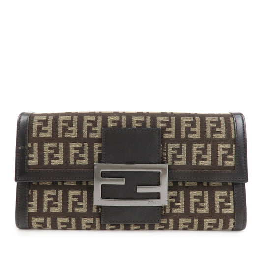 FENDI Zucchino Canvas Leather Bi-Fold Long Wallet Dark Brown 8M0021