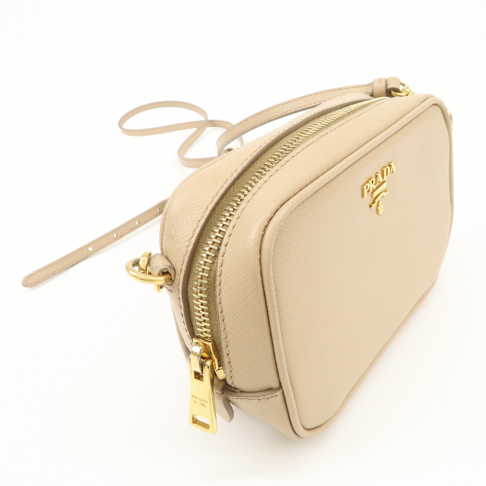 PRADA Logo Saffiano Leather Shoulder Bag Crossbody Bag Beige 1NF674