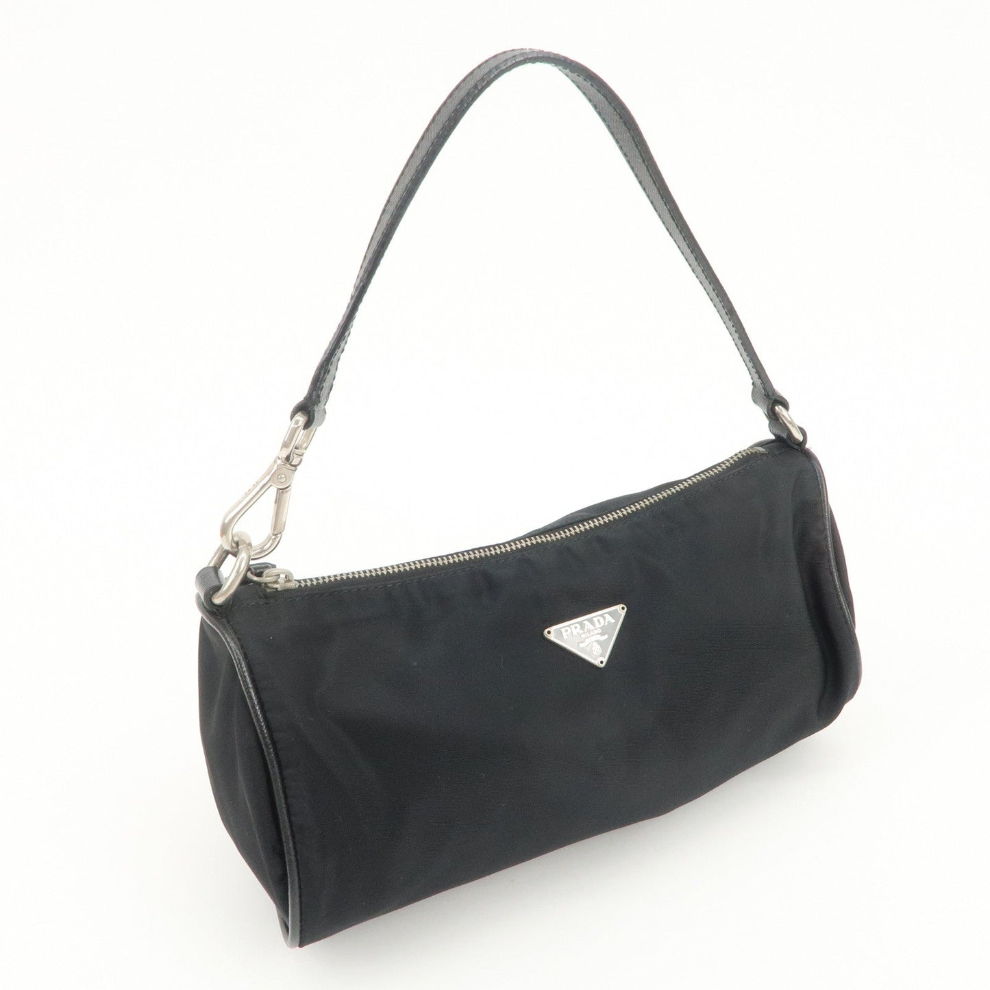PRADA Triangle Logo Nylon Saffiano Leather Hand Bag Black