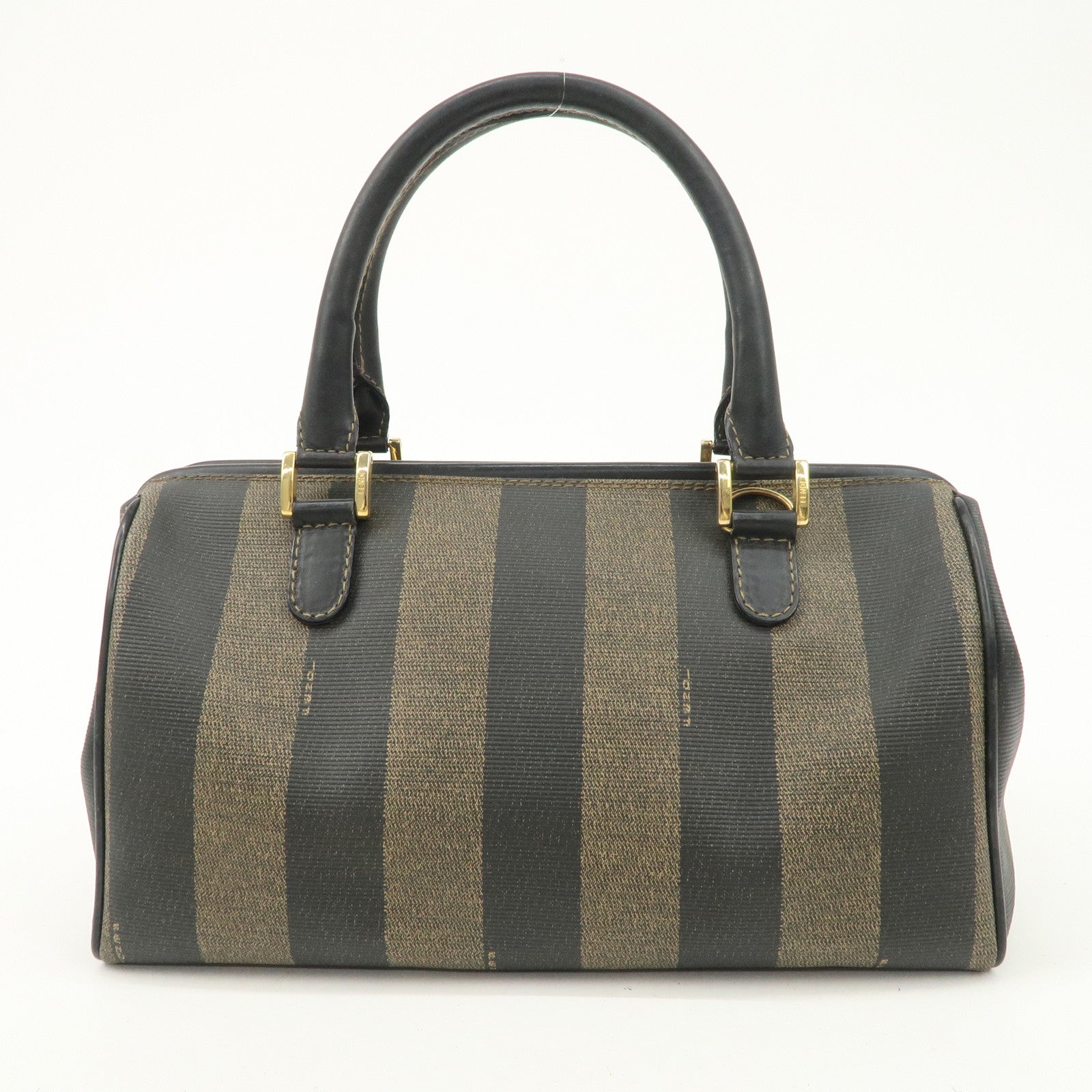 FENDI Pequin PVC Canvas Hand Bag Boston Bag Black Brown