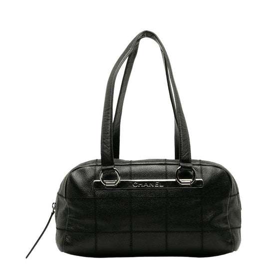 CHANEL Chocolate Bar Logo Mini Boston Bag Handbag Black Canvas CHANEL