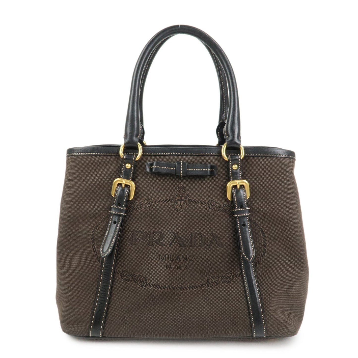 PRADA Jacquard Leather 2Way Bag Tote Bag Hand Bag Brown BN1841