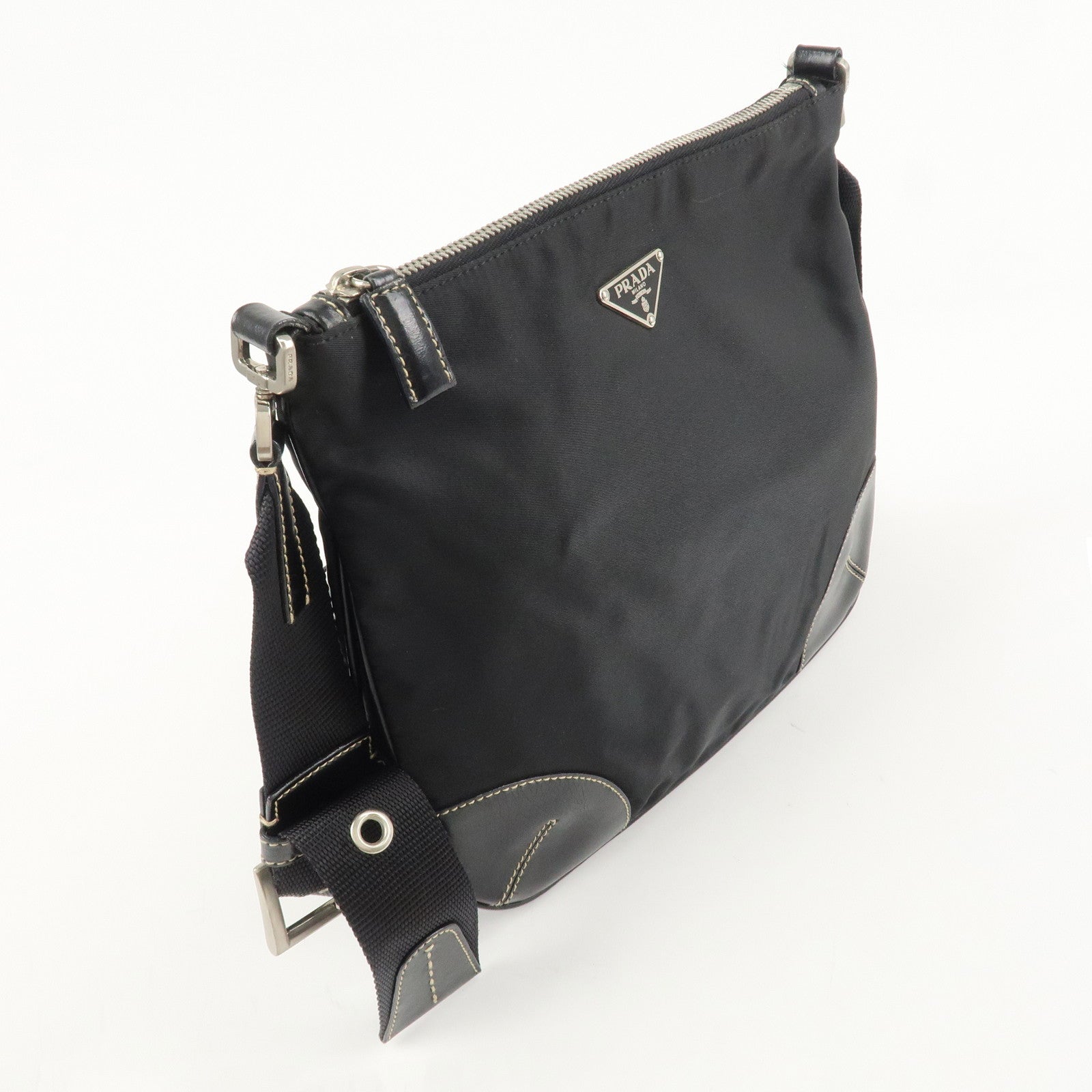 PRADA Triangle Logo Leather Nylon Shoulder Bag Crossbody Bag Black