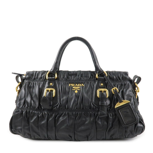 PRADA Logo Leather 2WAY Tote Bag Hand Bag Black Gold HDW B11091