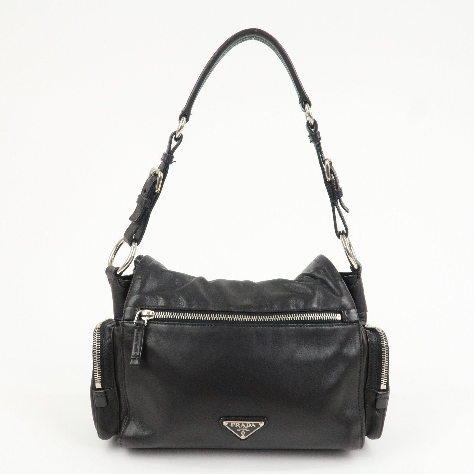 PRADA Triangle Logo Leather Calf Skin Shoulder Bag Black BR3307