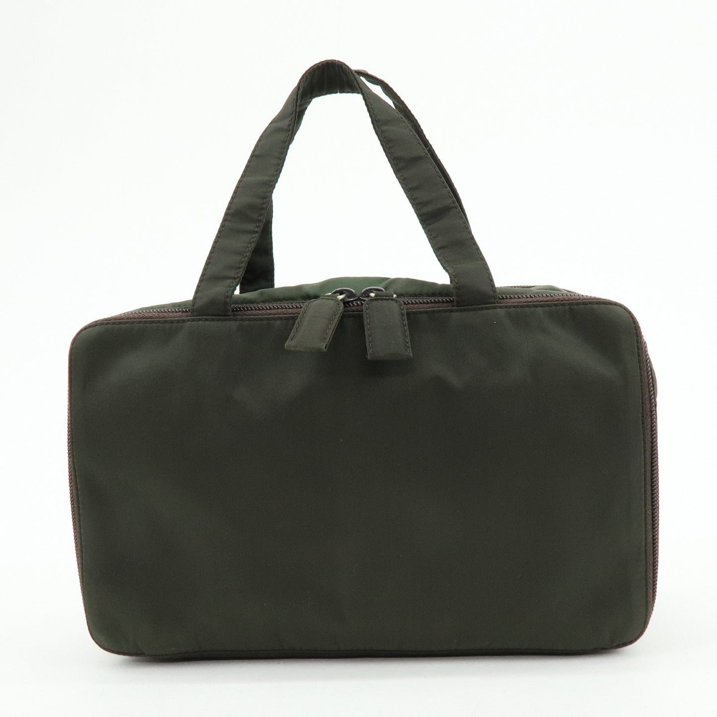 PRADA Triangle Logo Nylon Leather Hand Bag Cosmetic Case Khaki
