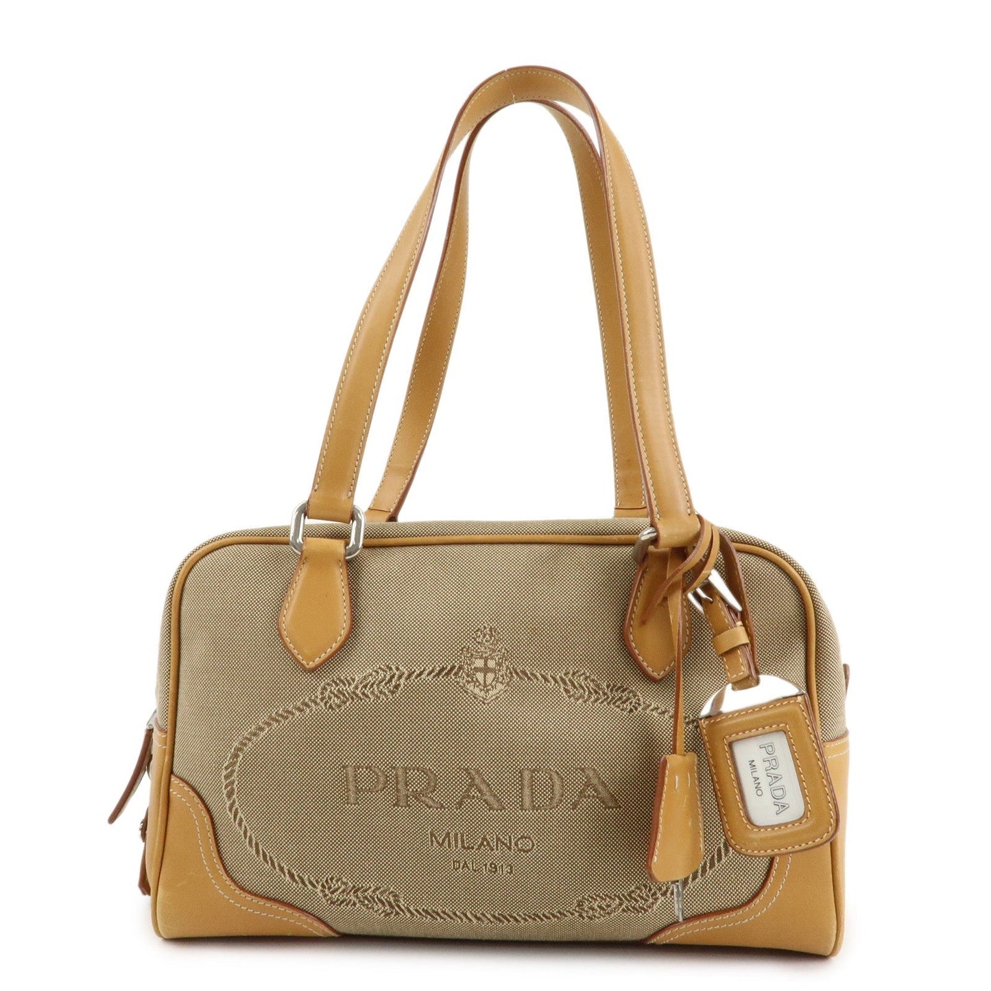 PRADA Logo Jacquard Leather Boston Bag Shoulder Bag Beige