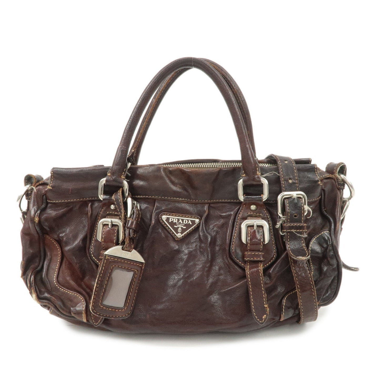 PRADA Triangle Logo Leather 2Way Bag Hand Bag Dark Brown BN1279