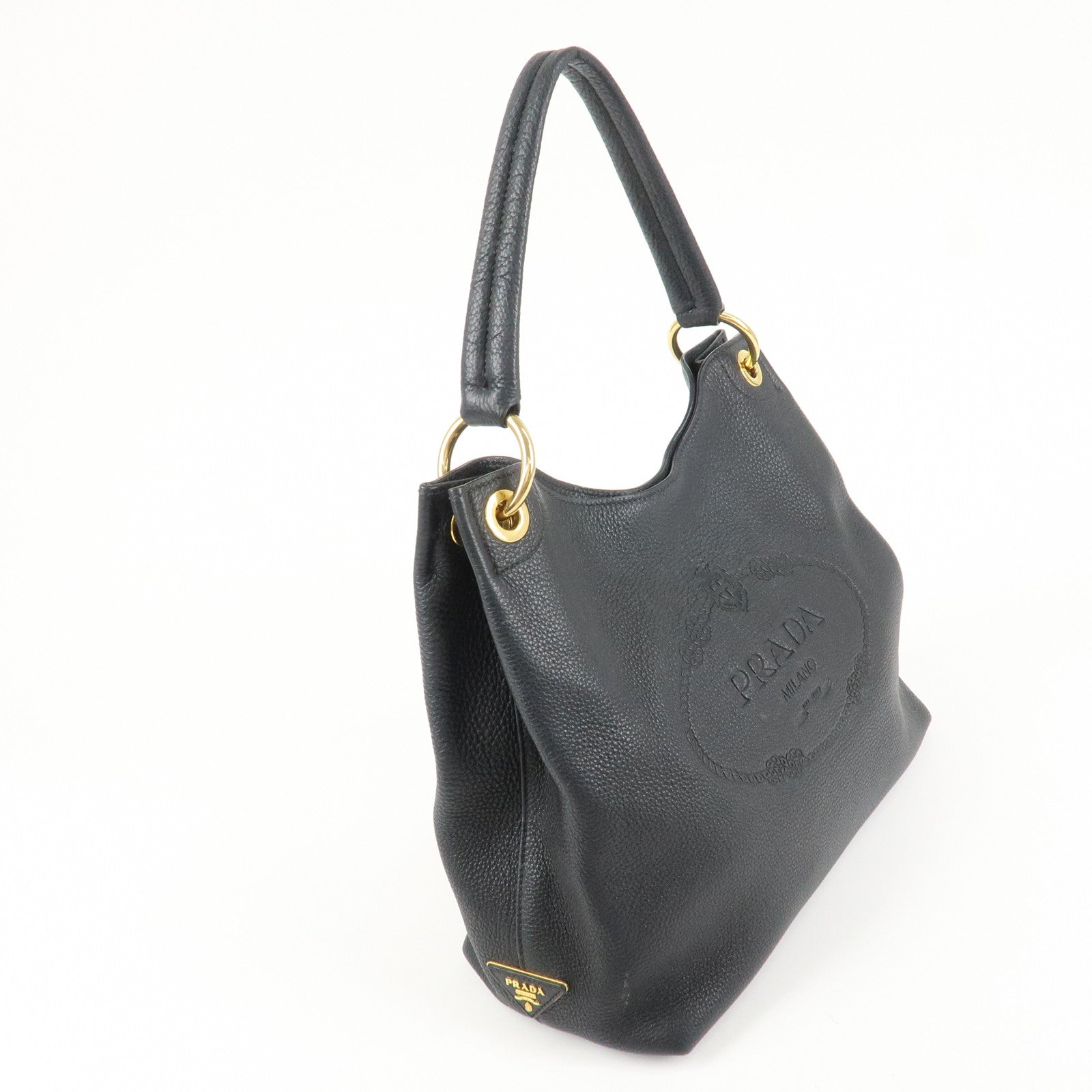 PRADA VITTELLO PHOENIX Triangle Logo Leather Shoulder Bag Black 1BC051
