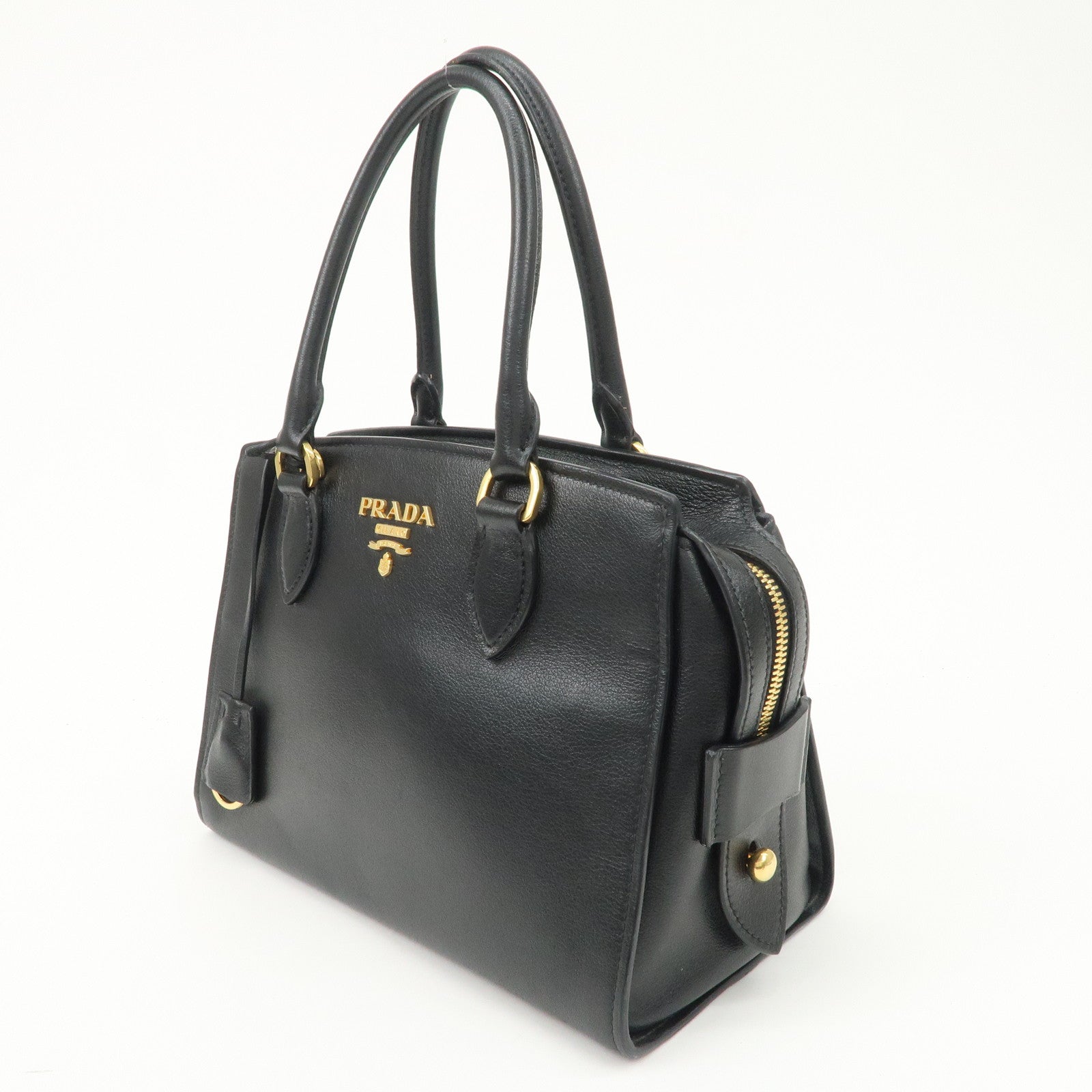 PRADA Leather 2Way Bag Hand Bag Black Gold Hardware