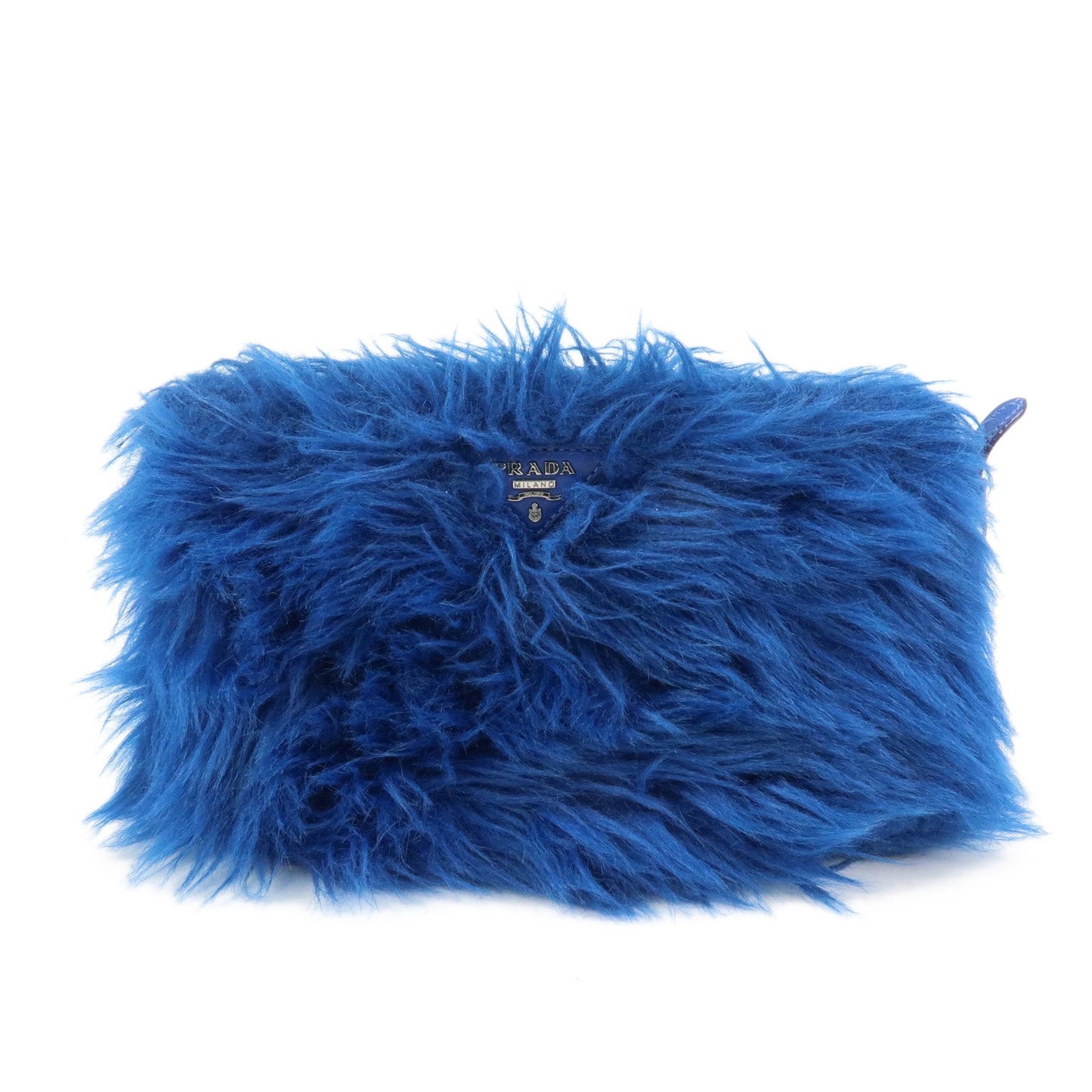 PRADA Triangle Logo Faux Fur Clutch Bag Flat Pouch Blue 1N1530