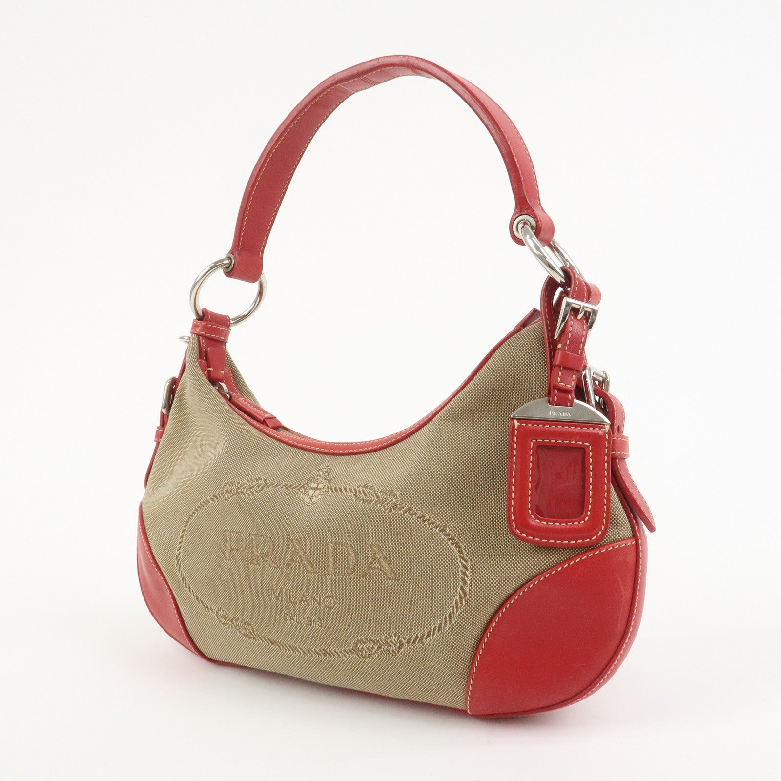 PRADA Logo Jacguard Leather Shoulder Bag Light Brown Red BR3429