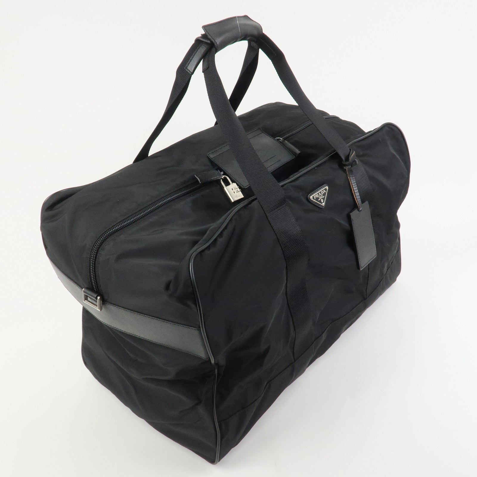 PRADA Triangle Logo Nylon Saffiano Leather Boston Bag Hand Bag