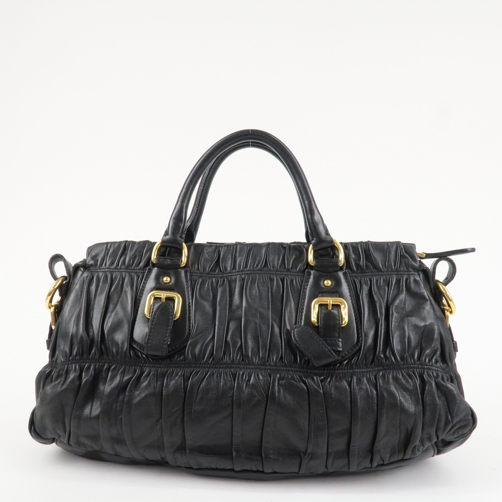 PRADA Logo Leather 2WAY Tote Bag Hand Bag Black Gold HDW B11091