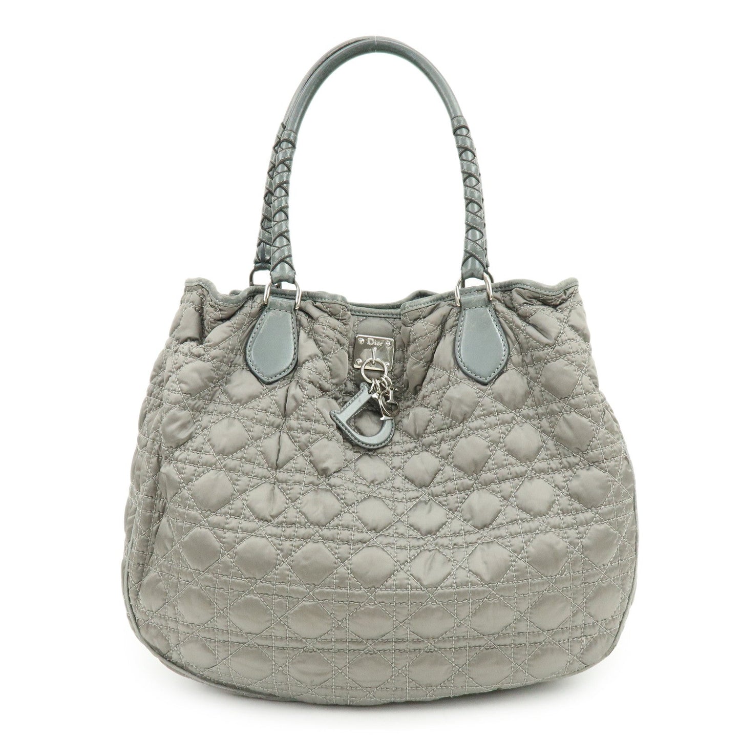 Christian Dior Cannage Nylon Leather Tote Bag Shoulder Bag Gray