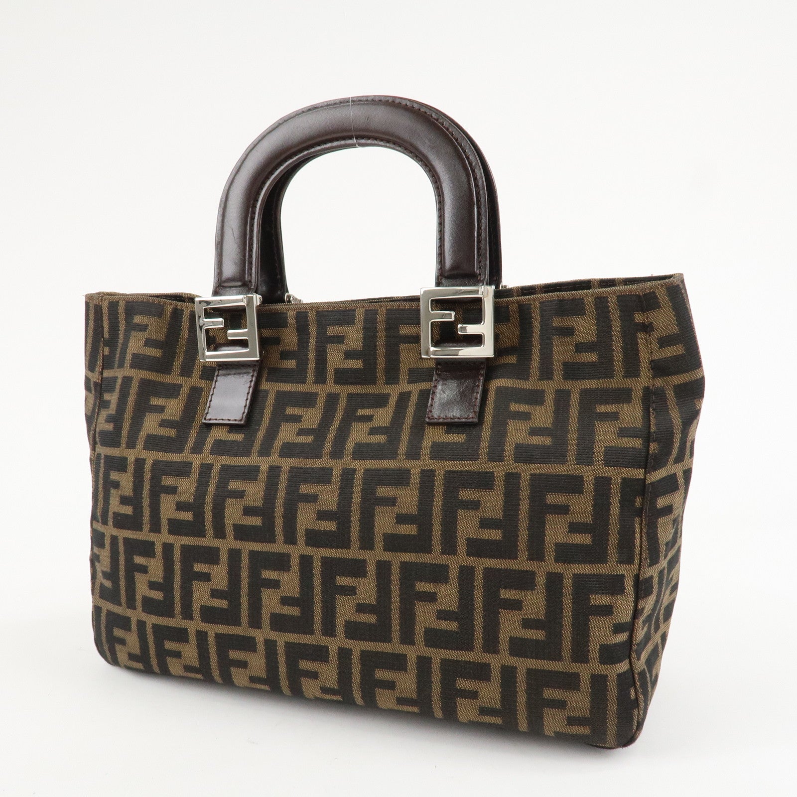 FENDI Zucca Canvas Leather Tote Bag Hand Bag Black Brown 26693