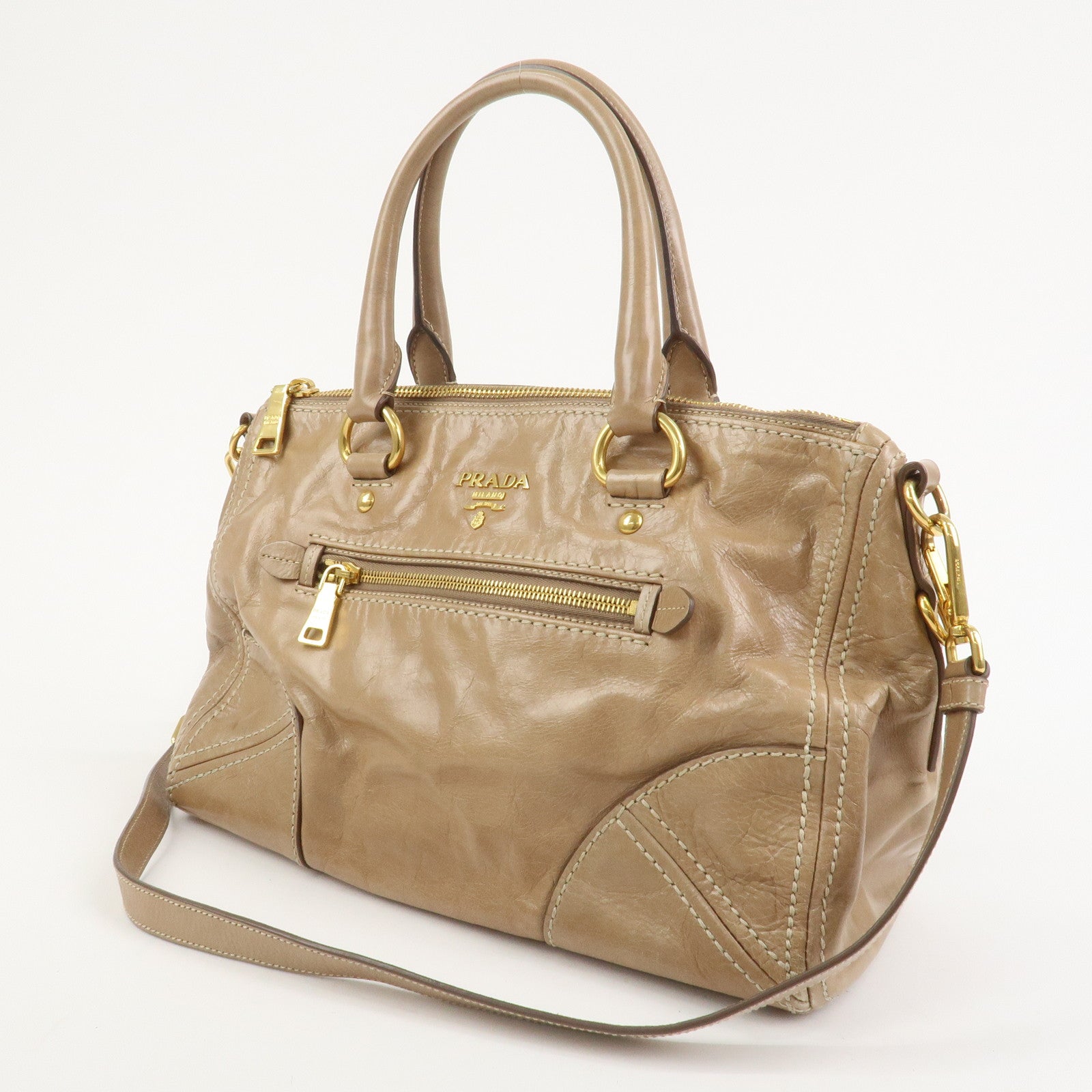 PRADA Leather 2Way Bag Hand Bag Shoulder Bag Light Brown BL0727