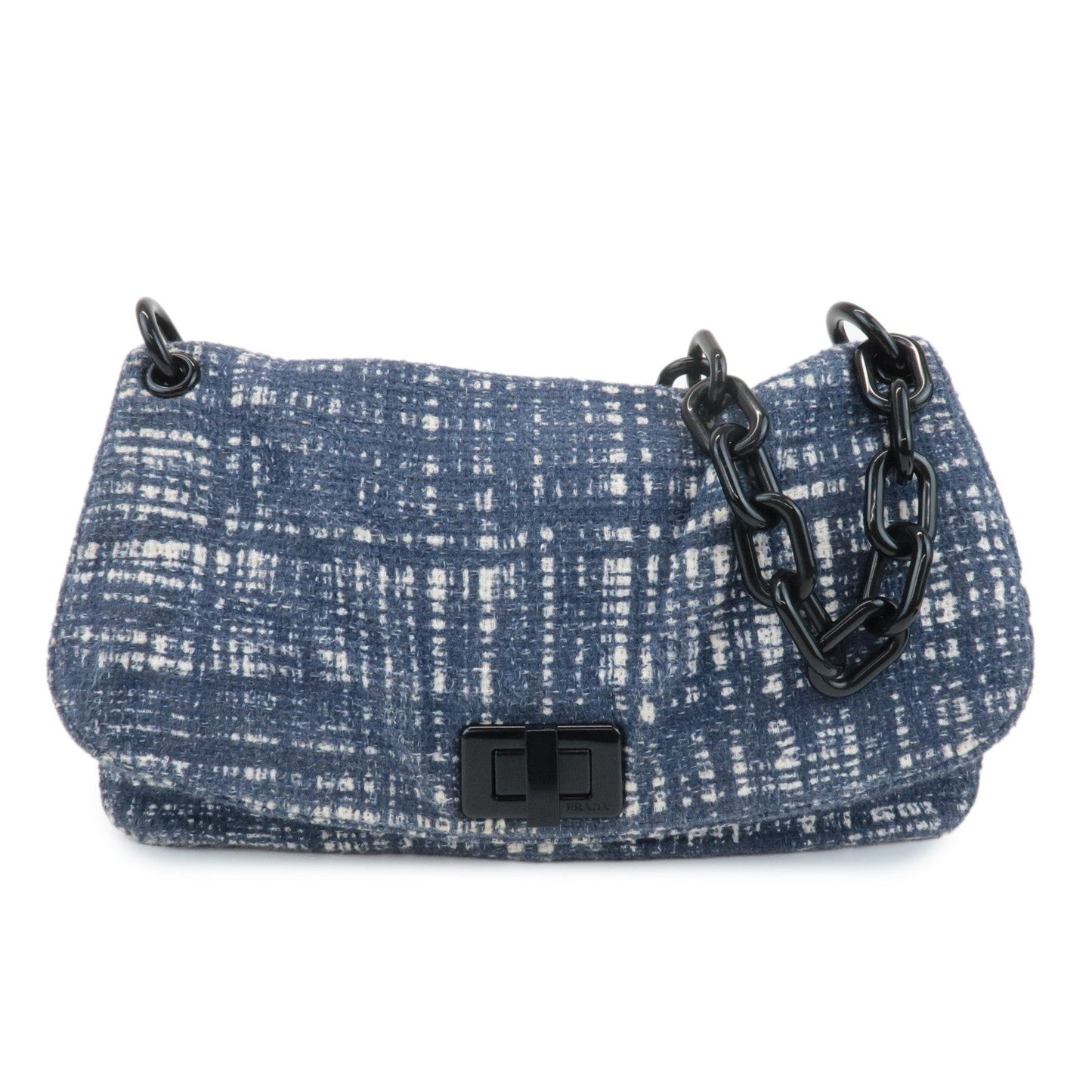 PRADA Tweed Leather Plastic Chain Shoulder Bag Navy White BR4874