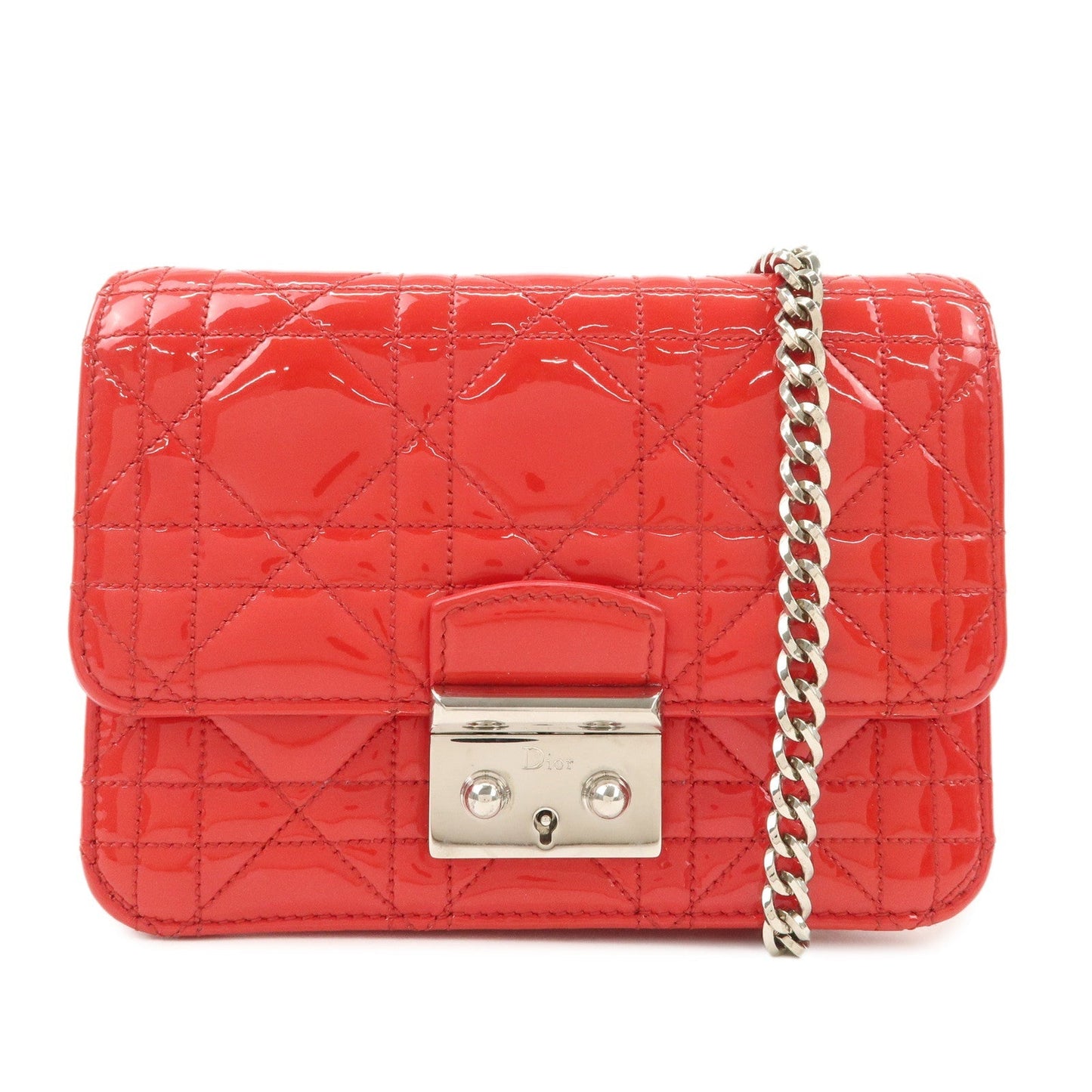 Christian Dior Cannage Patent Leather Chain Shoulder Bag COW Red