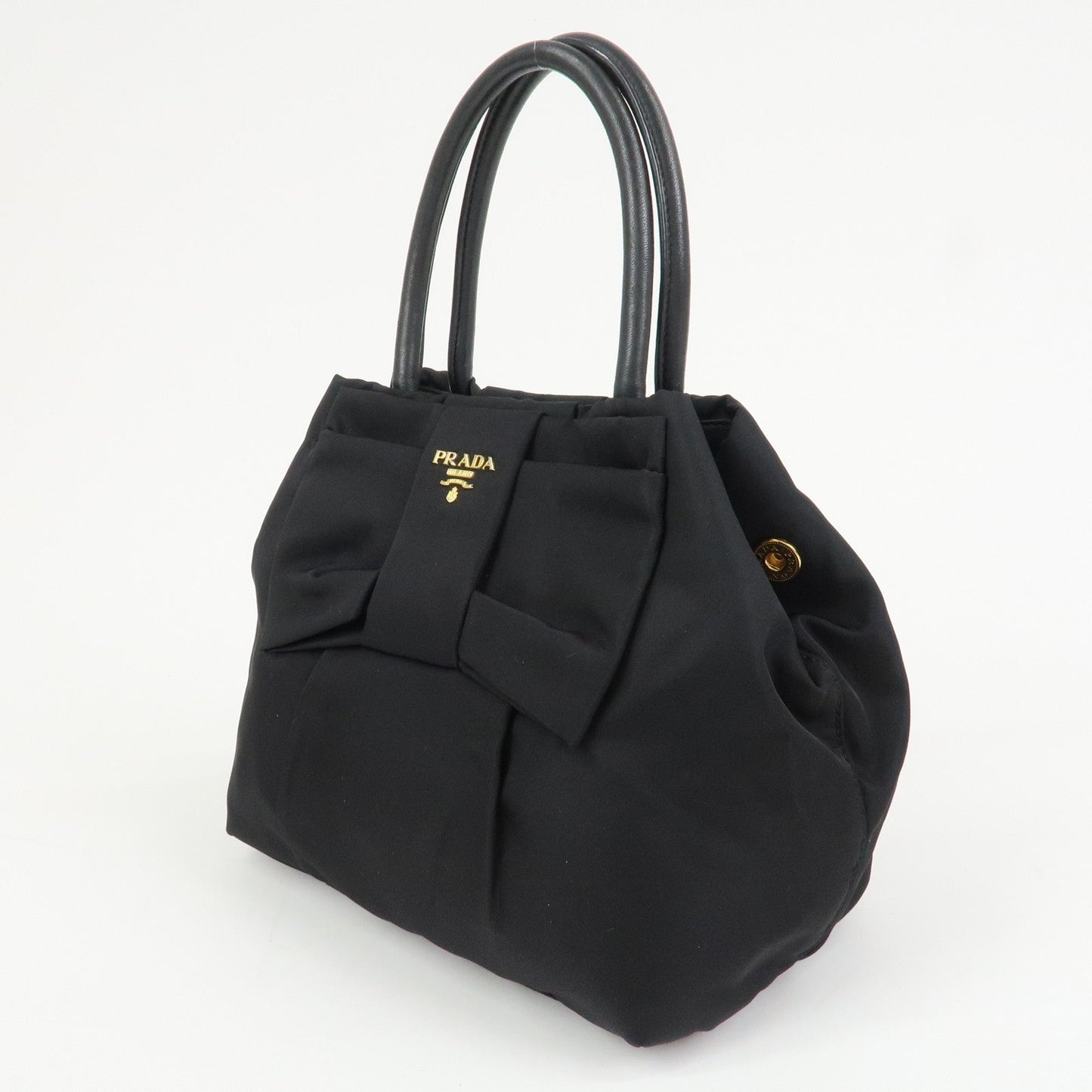 PRADA Nylon Leather Ribbon Hand Bag Tote Bag Black BN1601