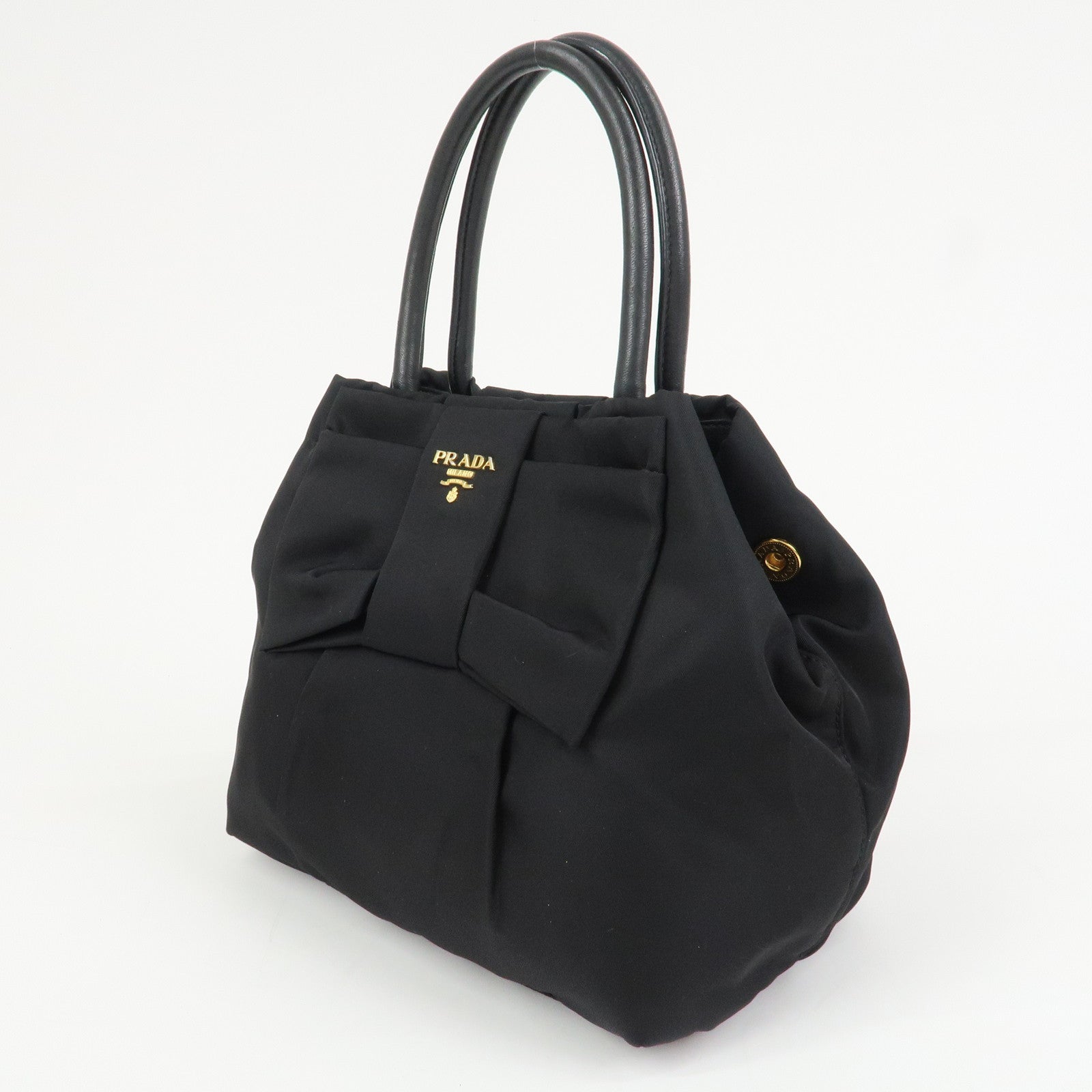 PRADA Nylon Leather Ribbon Hand Bag Tote Bag Black BN1601