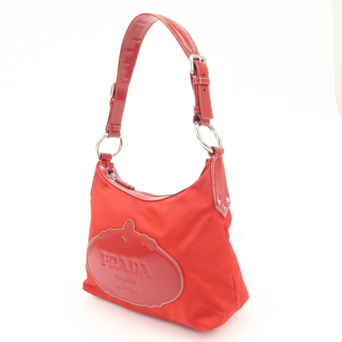 PRADA Logo Nylon Leather Shoulder Bag Silver HDW Red