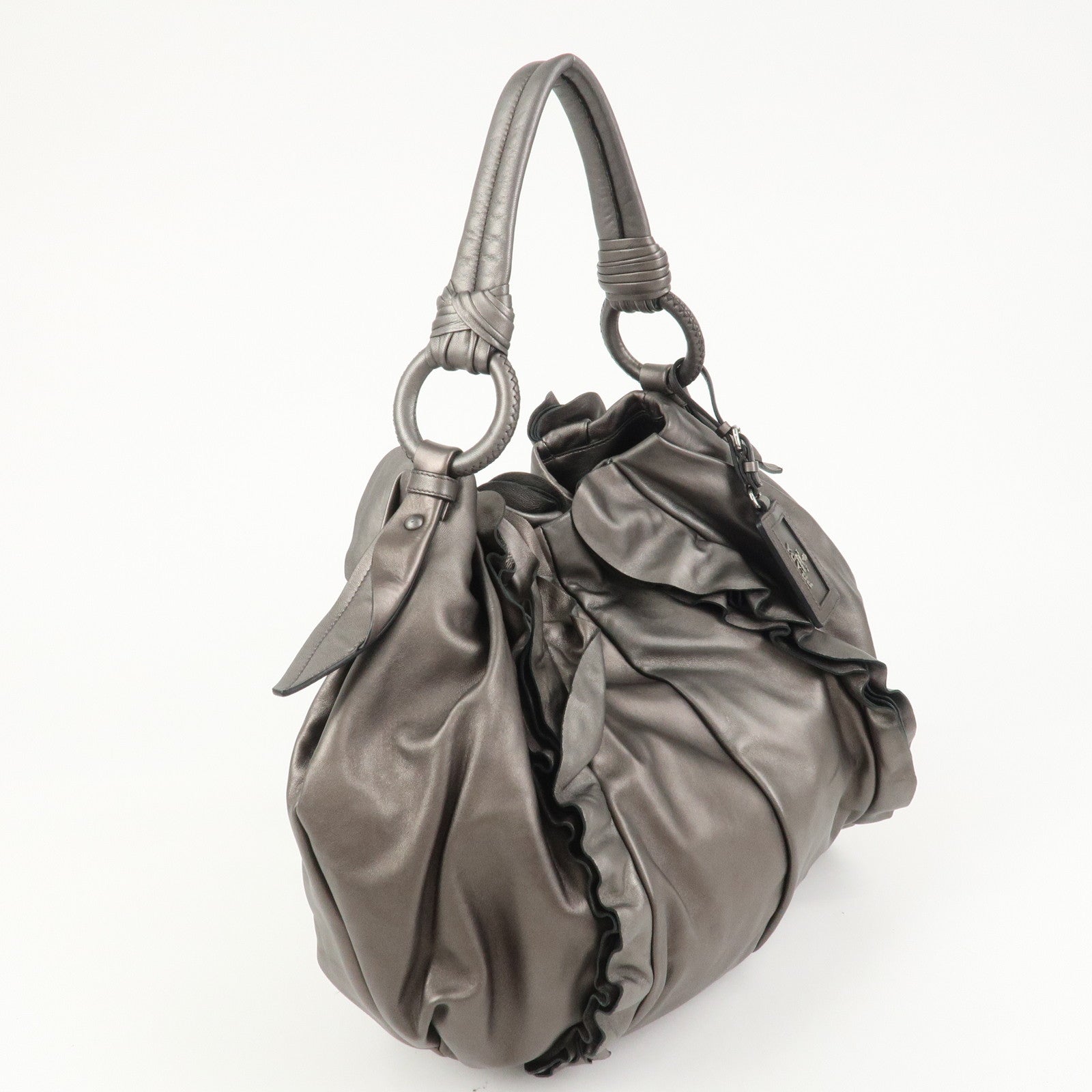 PRADA Logo Frilled Leather Shoulder Bag Hand Bag Bronze BR3993