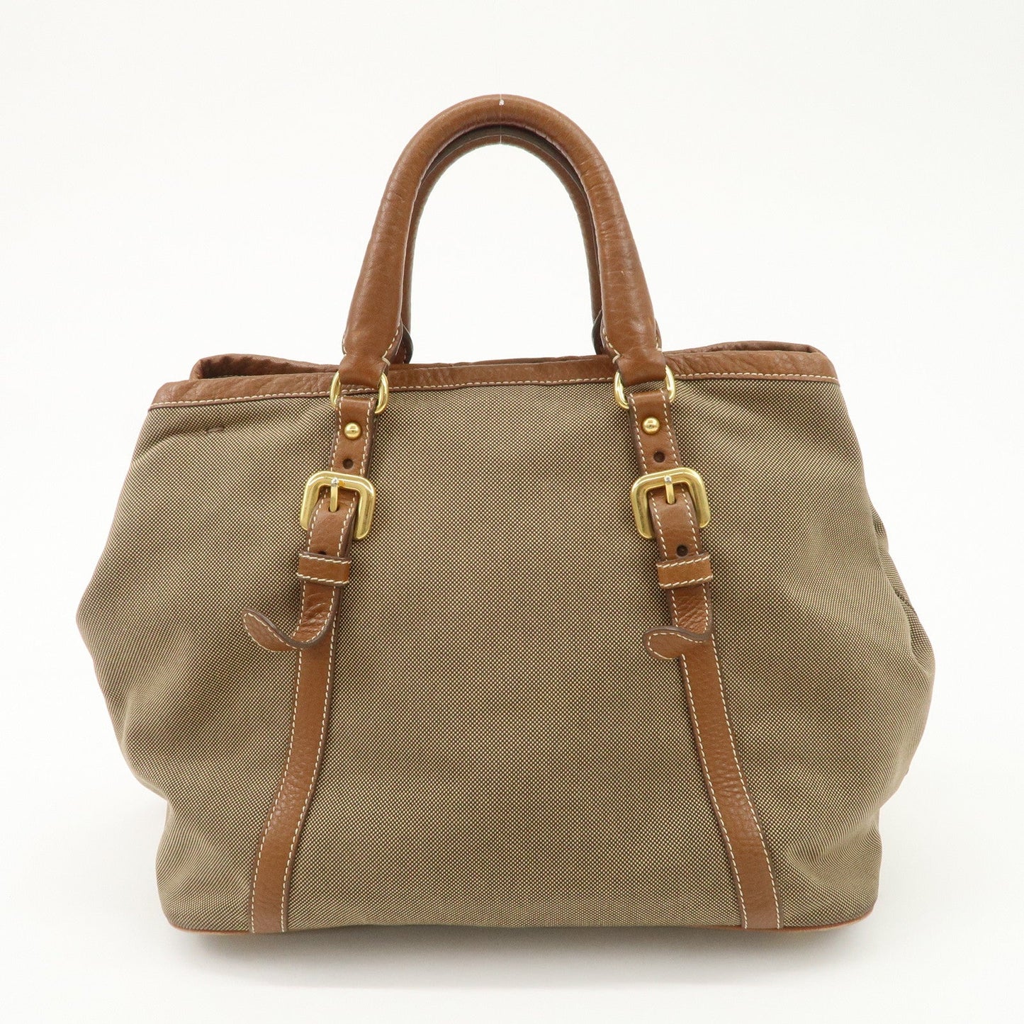 PRADA Leather Logo Jacquard Tote Bag Ribbon Beige Brown BN1841