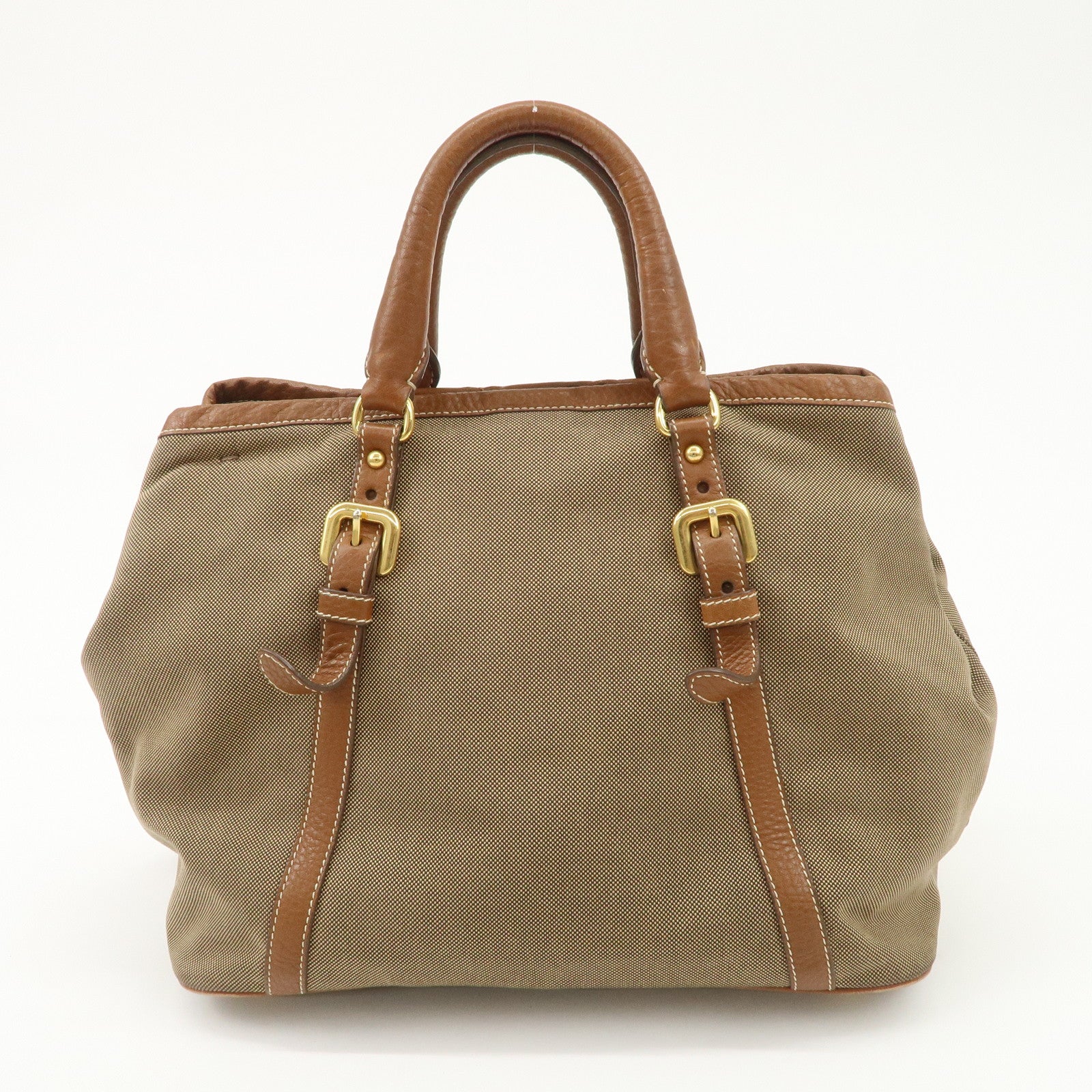 PRADA Leather Logo Jacquard Tote Bag Ribbon Beige Brown BN1841