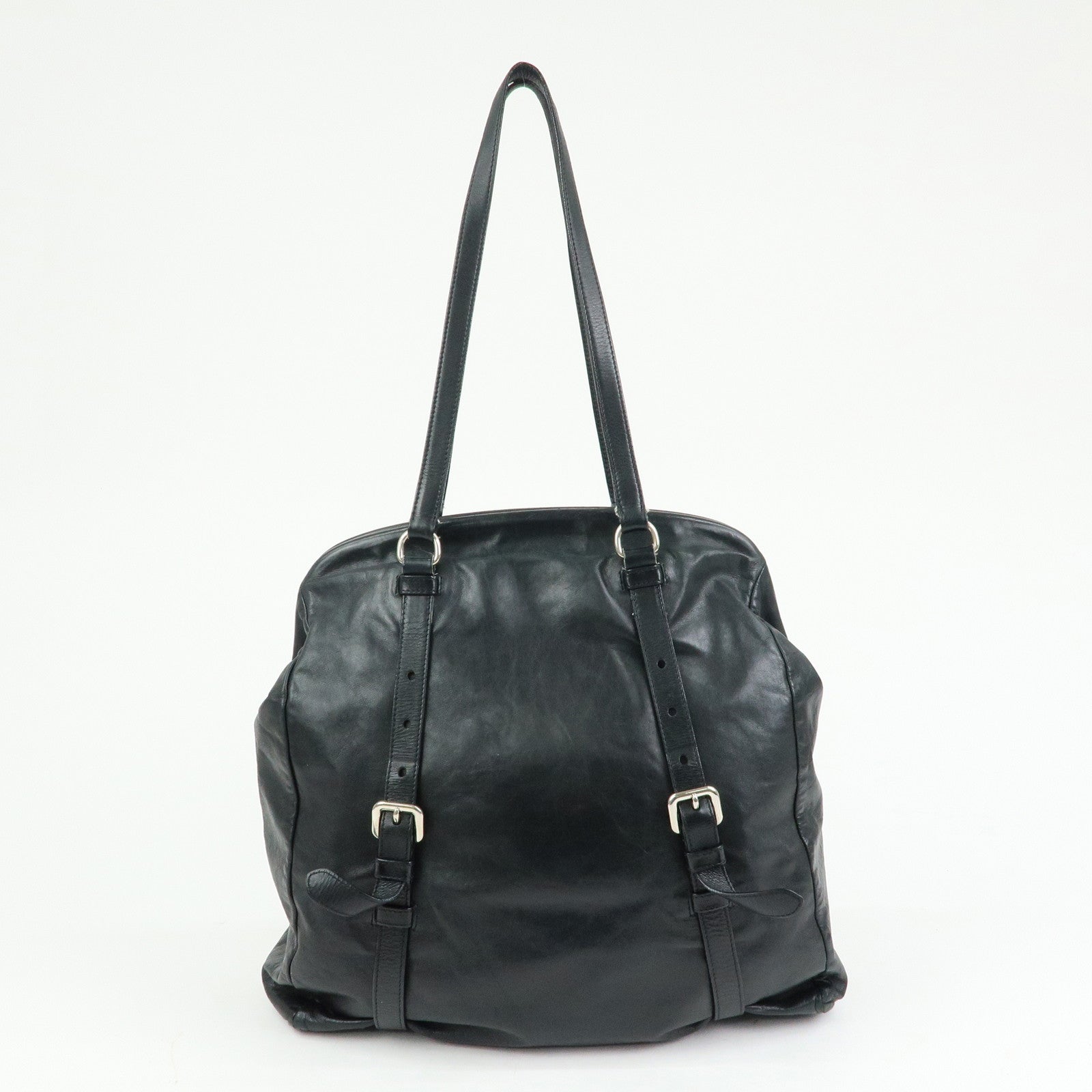 PRADA Logo Leather Shoulder Bag Tote Bag Black Silver