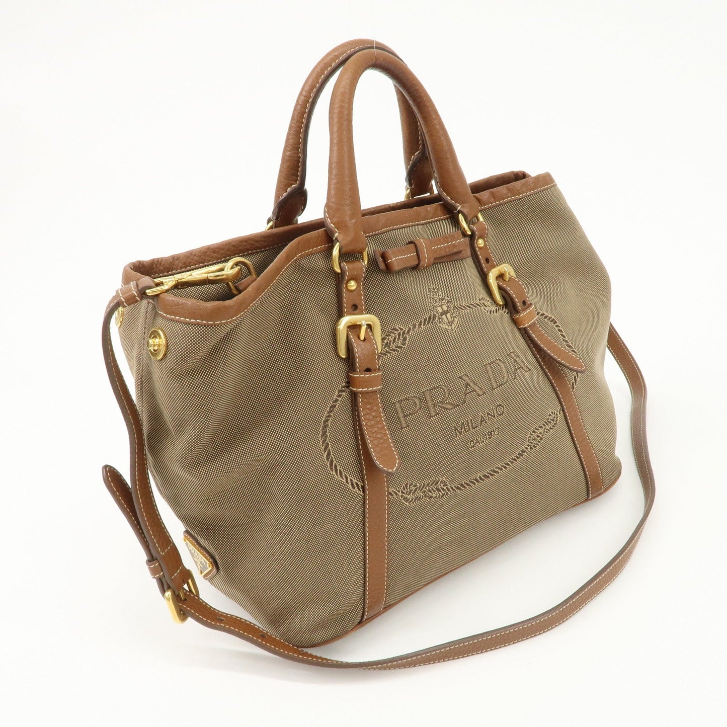 PRADA Leather Logo Jacquard Tote Bag Ribbon Beige Brown BN1841