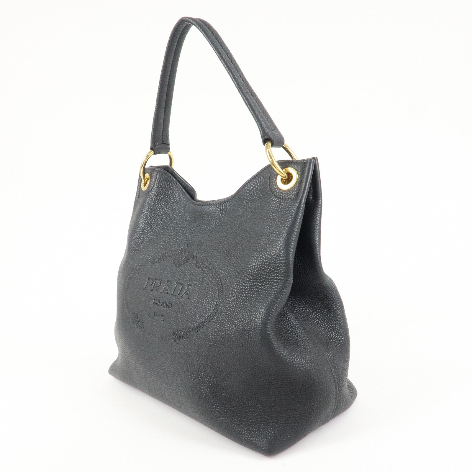 PRADA VITTELLO PHOENIX Triangle Logo Leather Shoulder Bag Black 1BC051