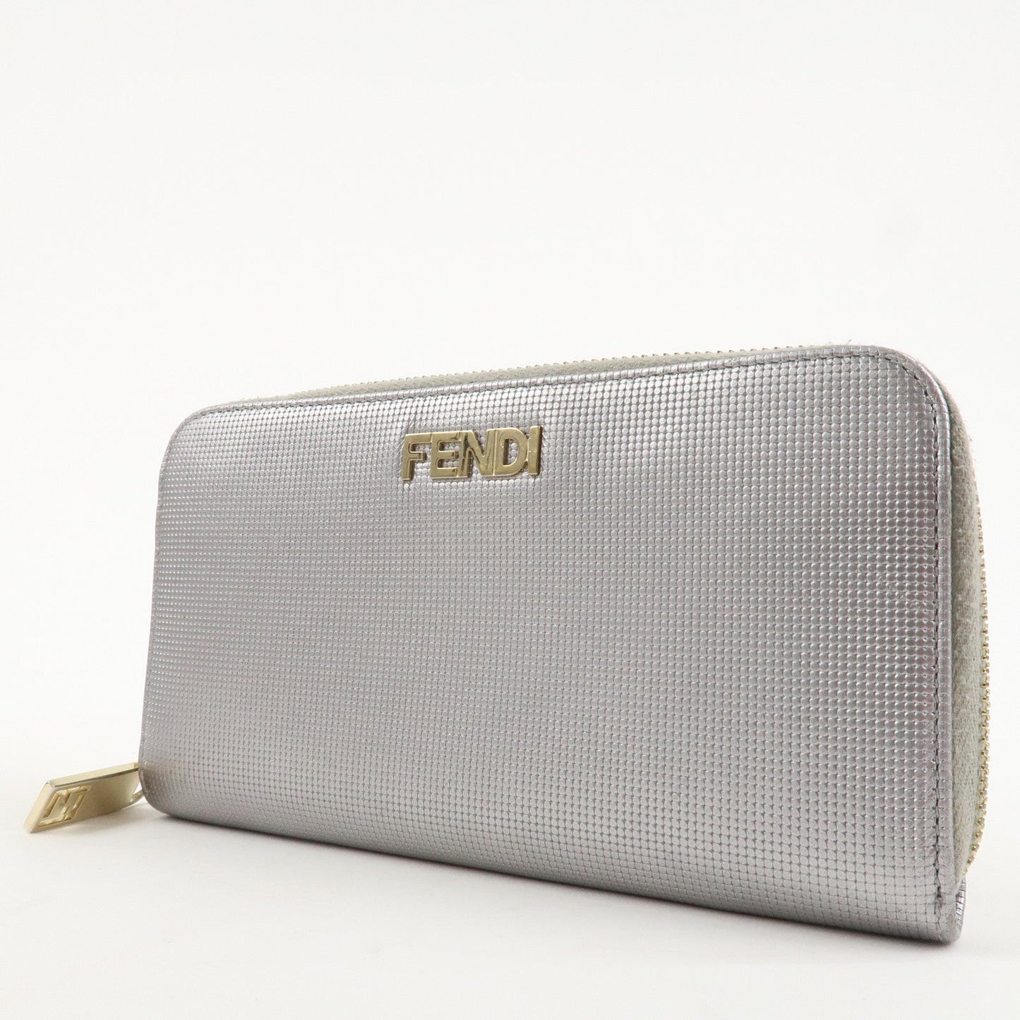 FENDI Leather Round Zippy Long Wallet Silver 8M0024