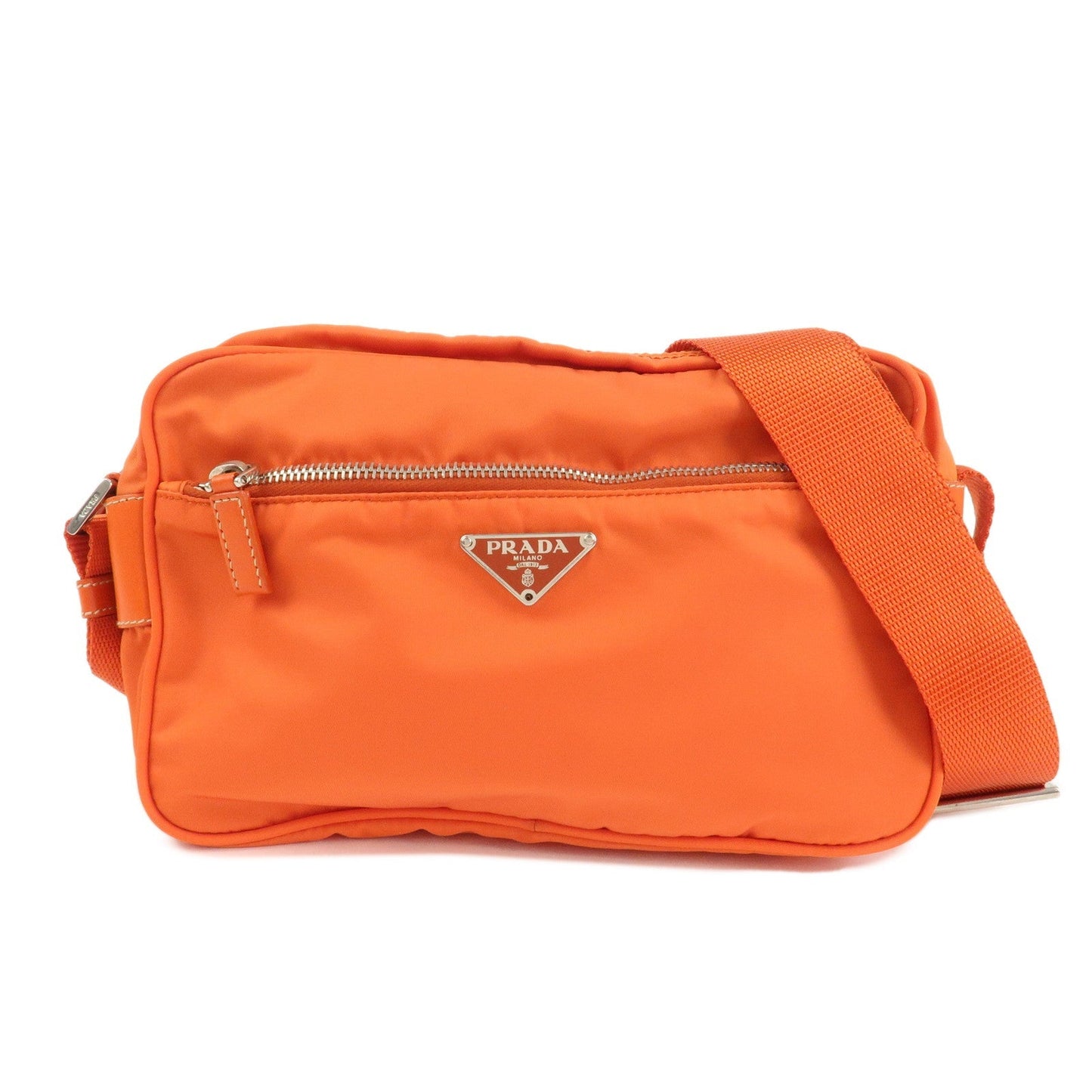 PRADA Triangle Logo Leather Nylon Shoulder Bag Orange