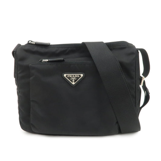 PRADA Triangle Logo Nylon Saffiano Leather Shoulder Bag Black