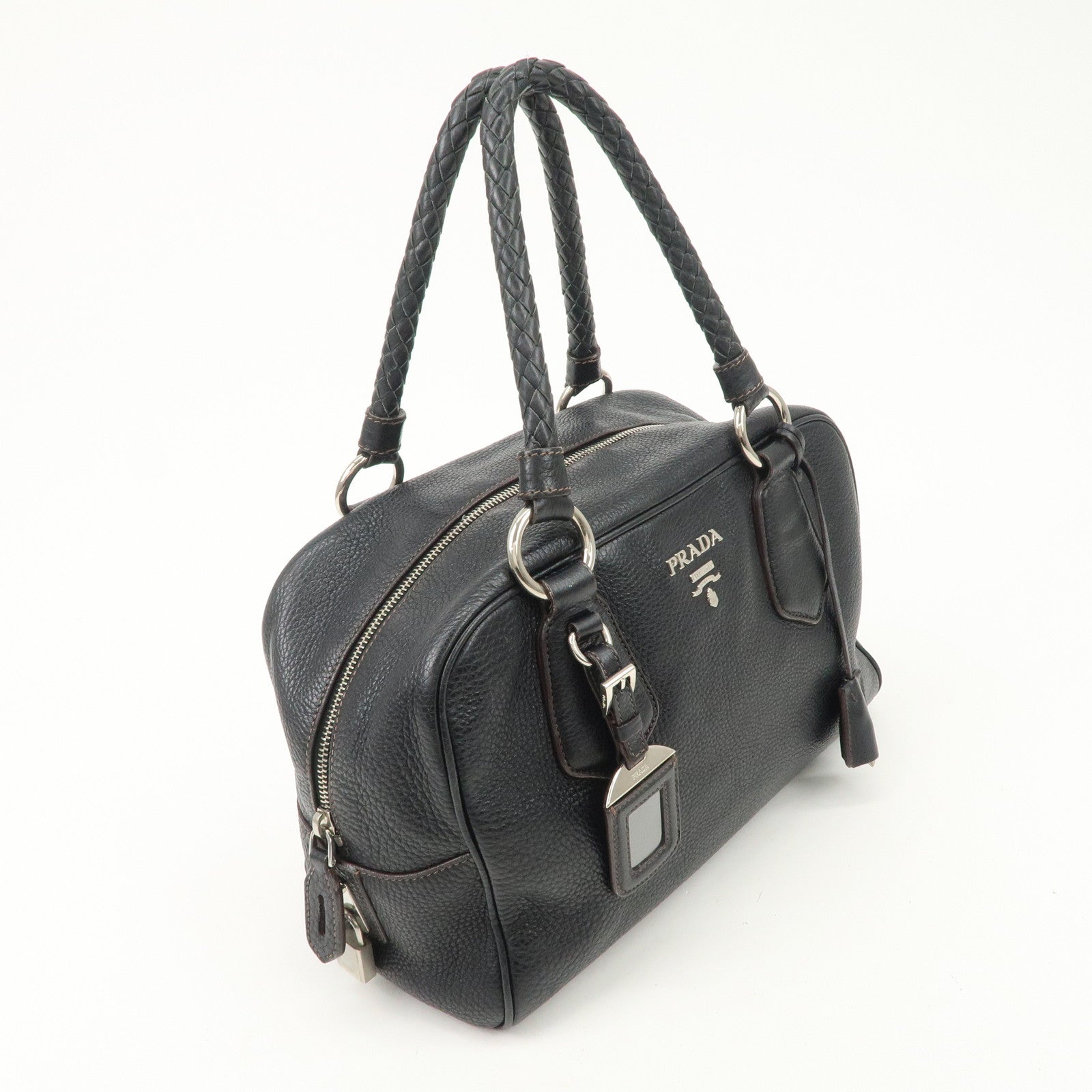 PRADA Logo Leather Hand Bag Mini Boston Bag Black BL0471
