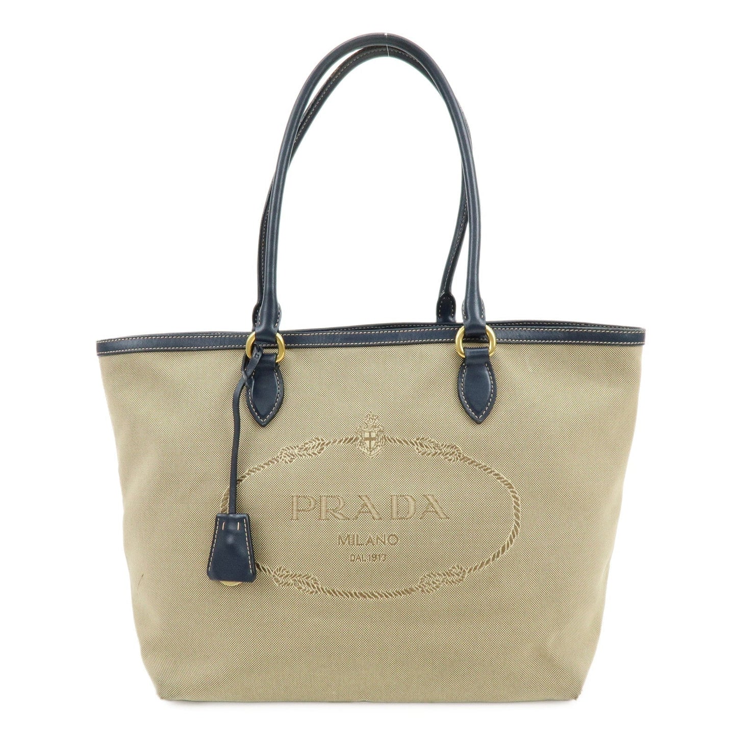 PRADA Logo Jacguard Leather Tote Bag Hand Bag Beige Navy