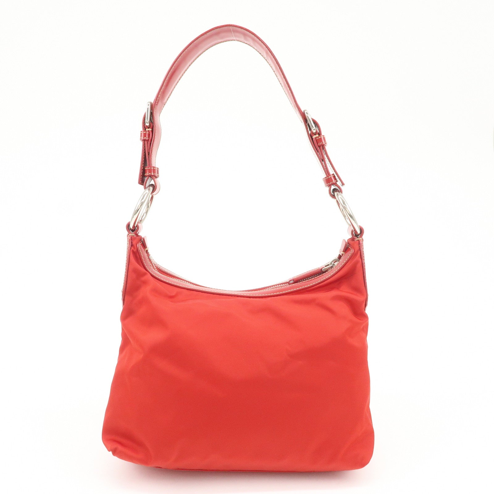PRADA Logo Nylon Leather Shoulder Bag Silver HDW Red