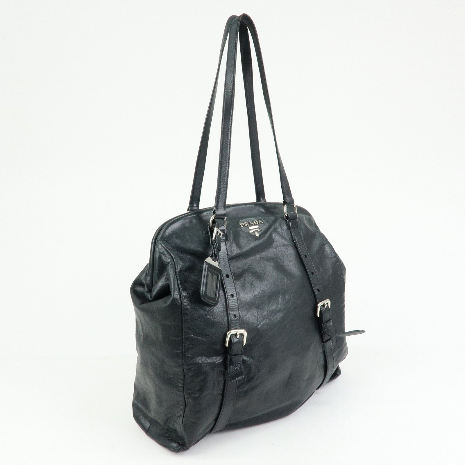 PRADA Logo Leather Shoulder Bag Tote Bag Black Silver