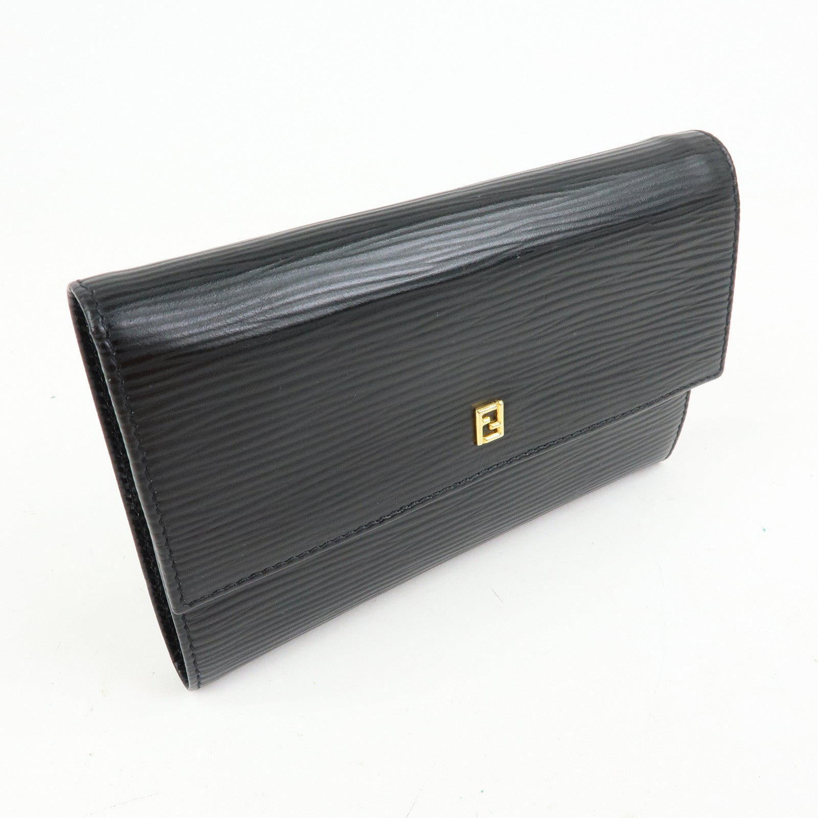 FENDI Embossed Leather Long Flap Wallet Black 30858