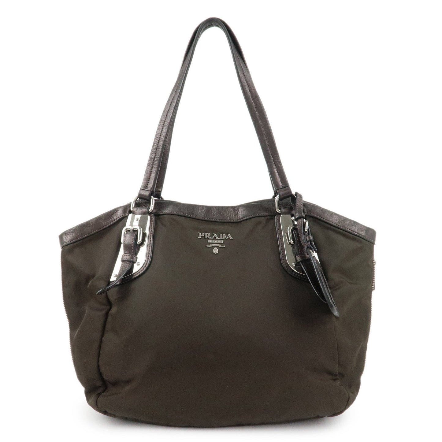 PRADA Logo Nylon Leather Tote Bag Shoulder Bag Khaki Metallic Brown