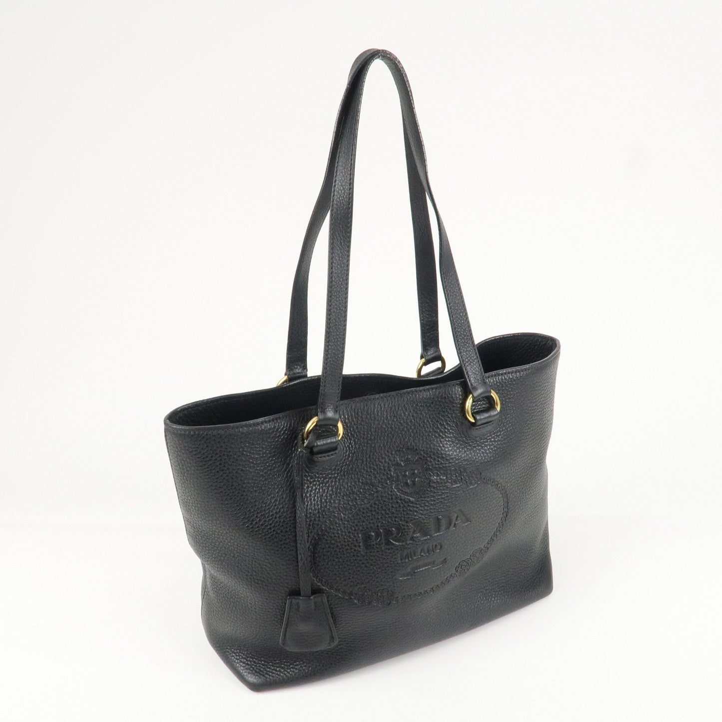 PRADA Logo Leather Tote Bag Shoulder Bag Black 1BG100