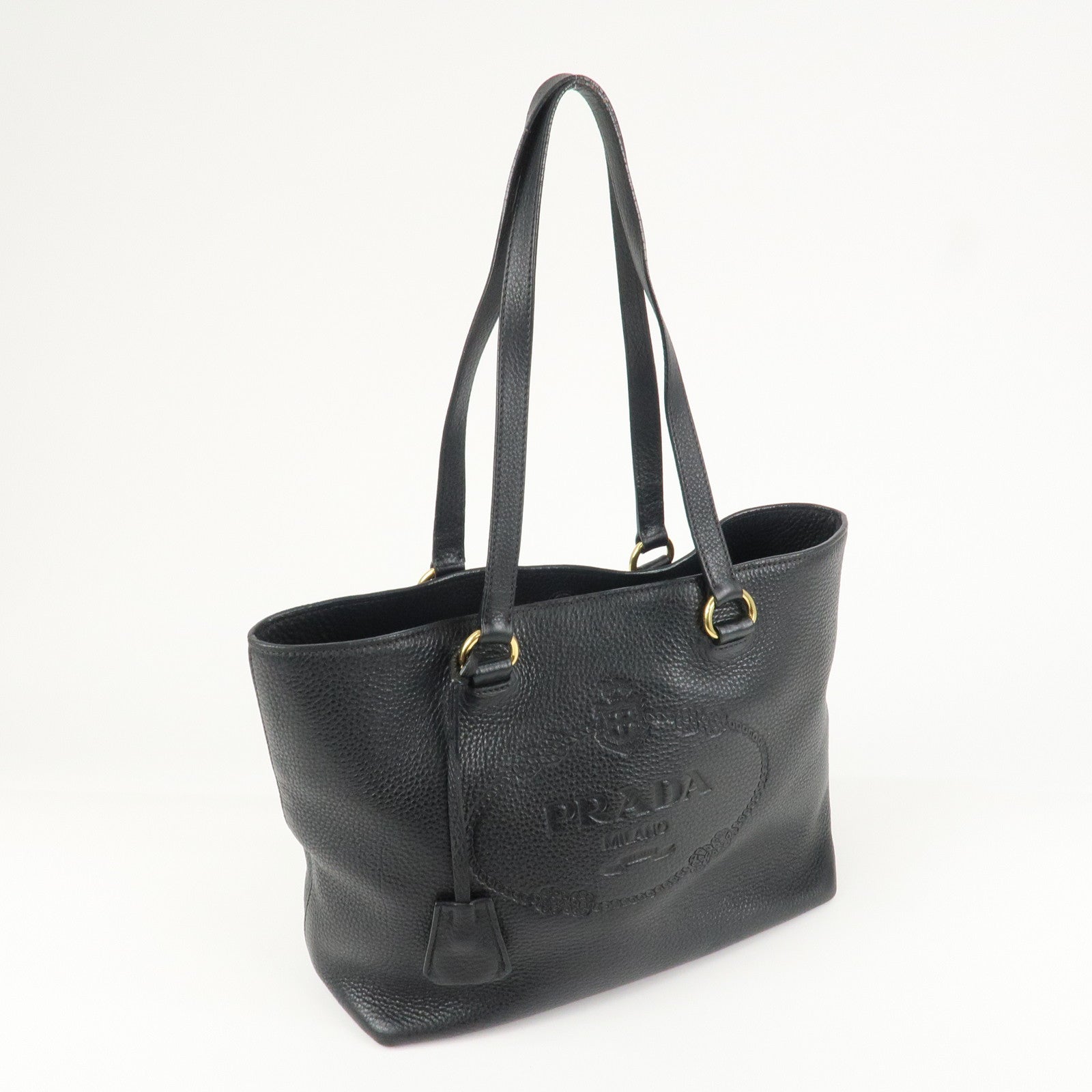 PRADA Logo Leather Tote Bag Shoulder Bag Black 1BG100