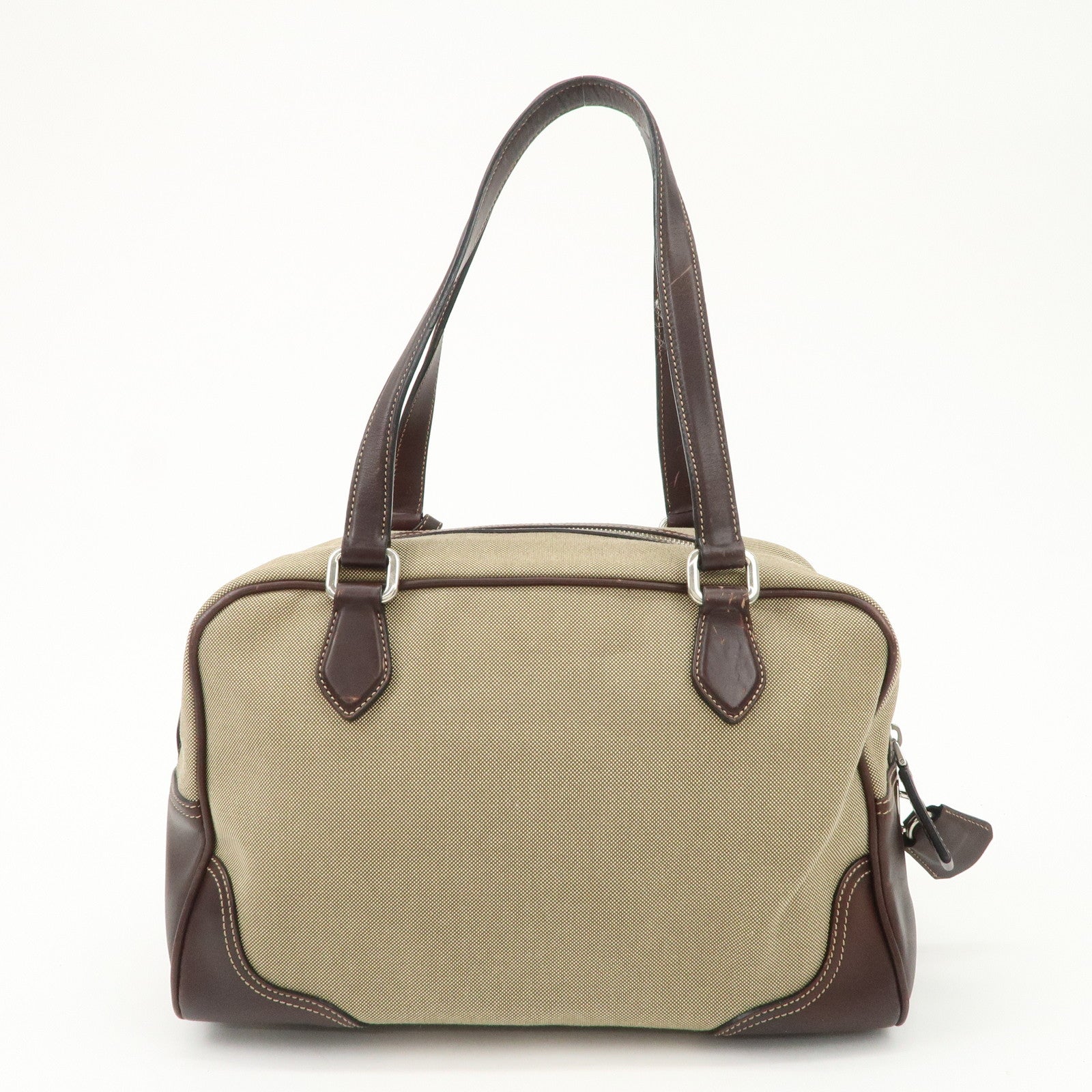 PRADA Logo Jacquard Leather Boston Bag Shoulder Bag Beige BL0260