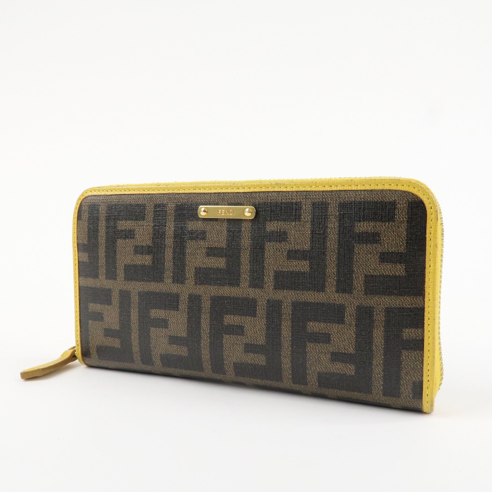 FENDI Zucca PVC Leather Round Zippy Long Wallet Brown Yellow 8M0299