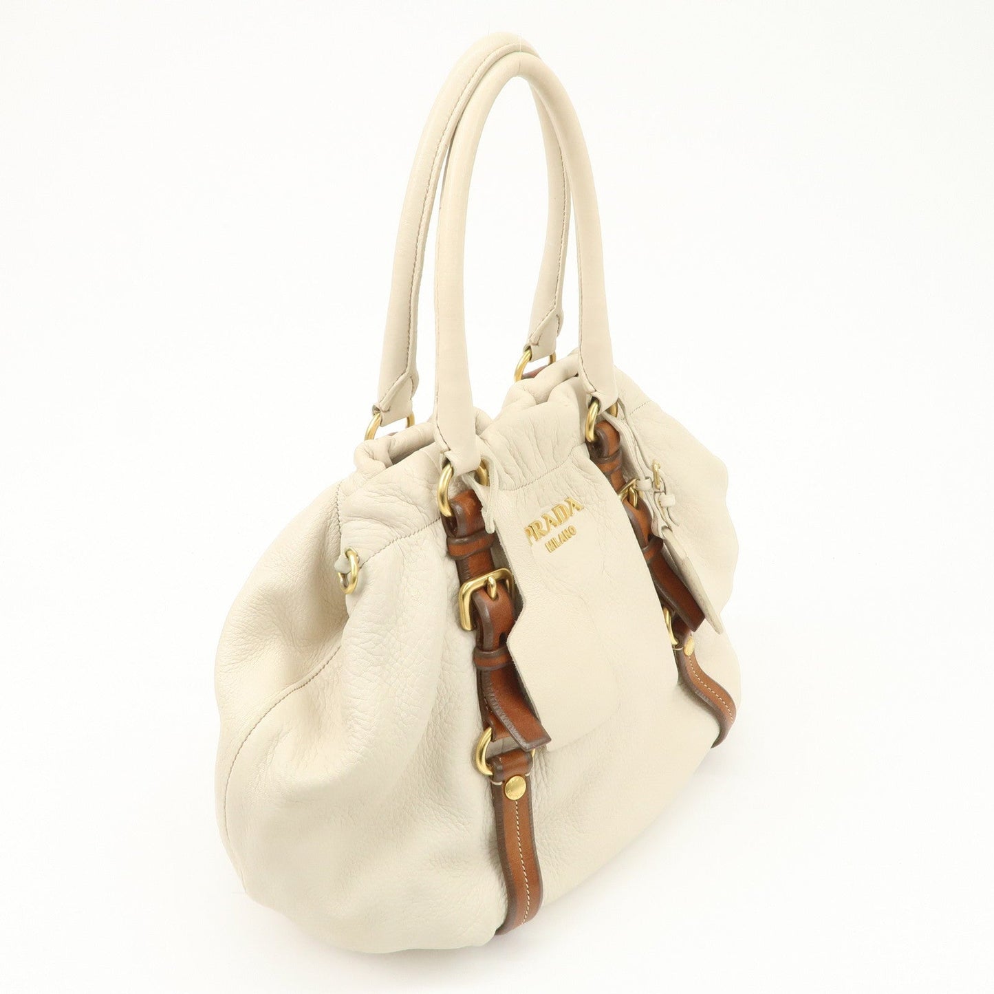 PRADA Leather 2Way Bag Tote Bag Brown White BN1773
