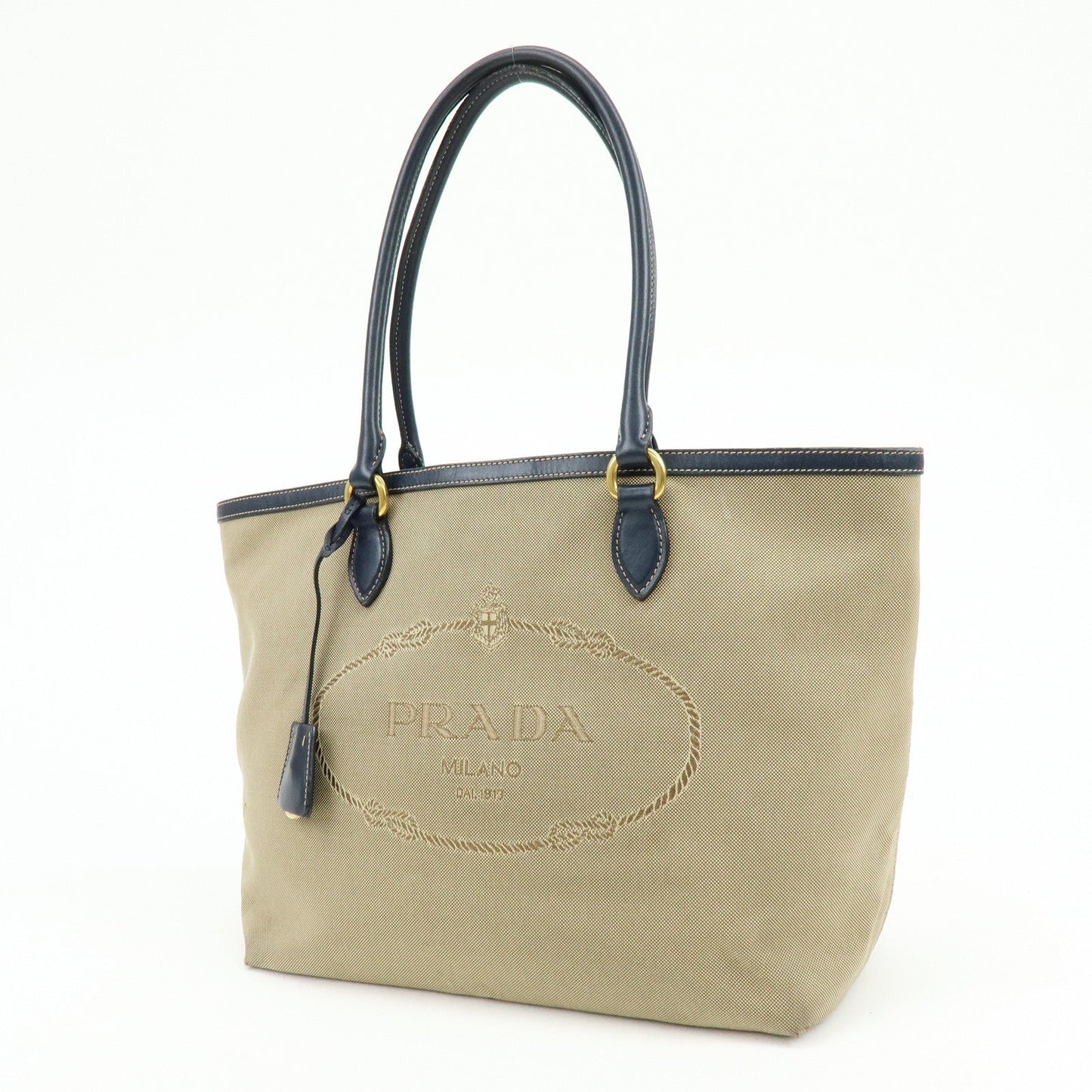 PRADA Logo Jacguard Leather Tote Bag Hand Bag Beige Navy
