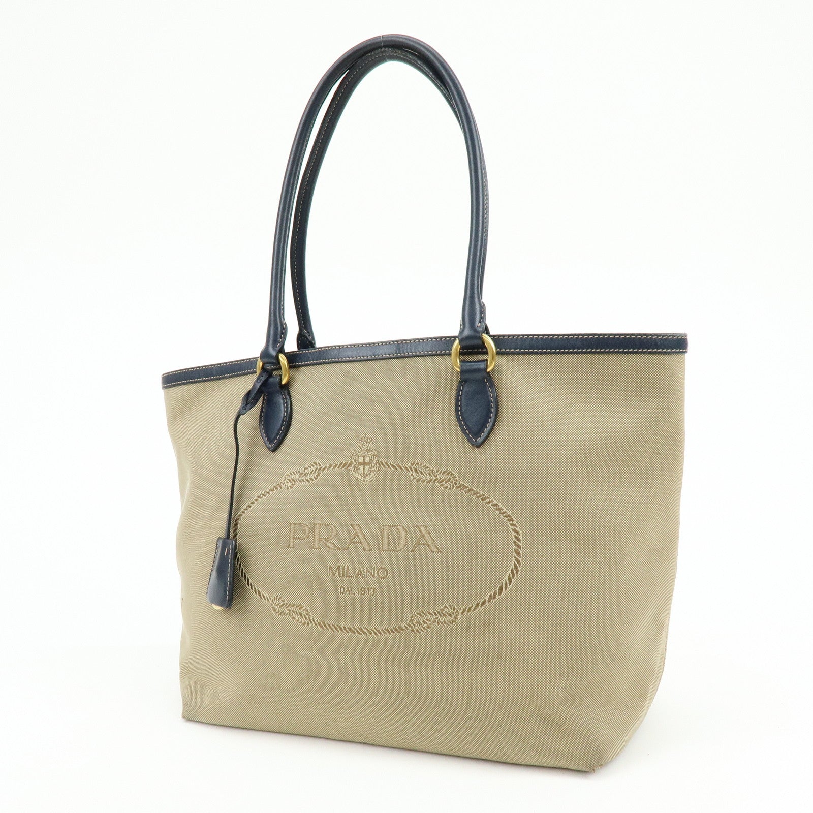 PRADA Logo Jacguard Leather Tote Bag Hand Bag Beige Navy