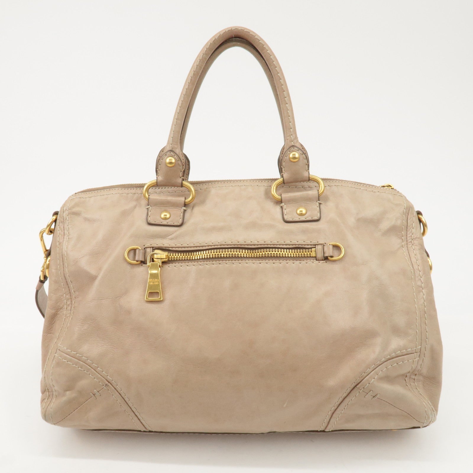 PRADA Triangle Logo Leather 2Way Bag Tote Bag Shoulder Bag Beige