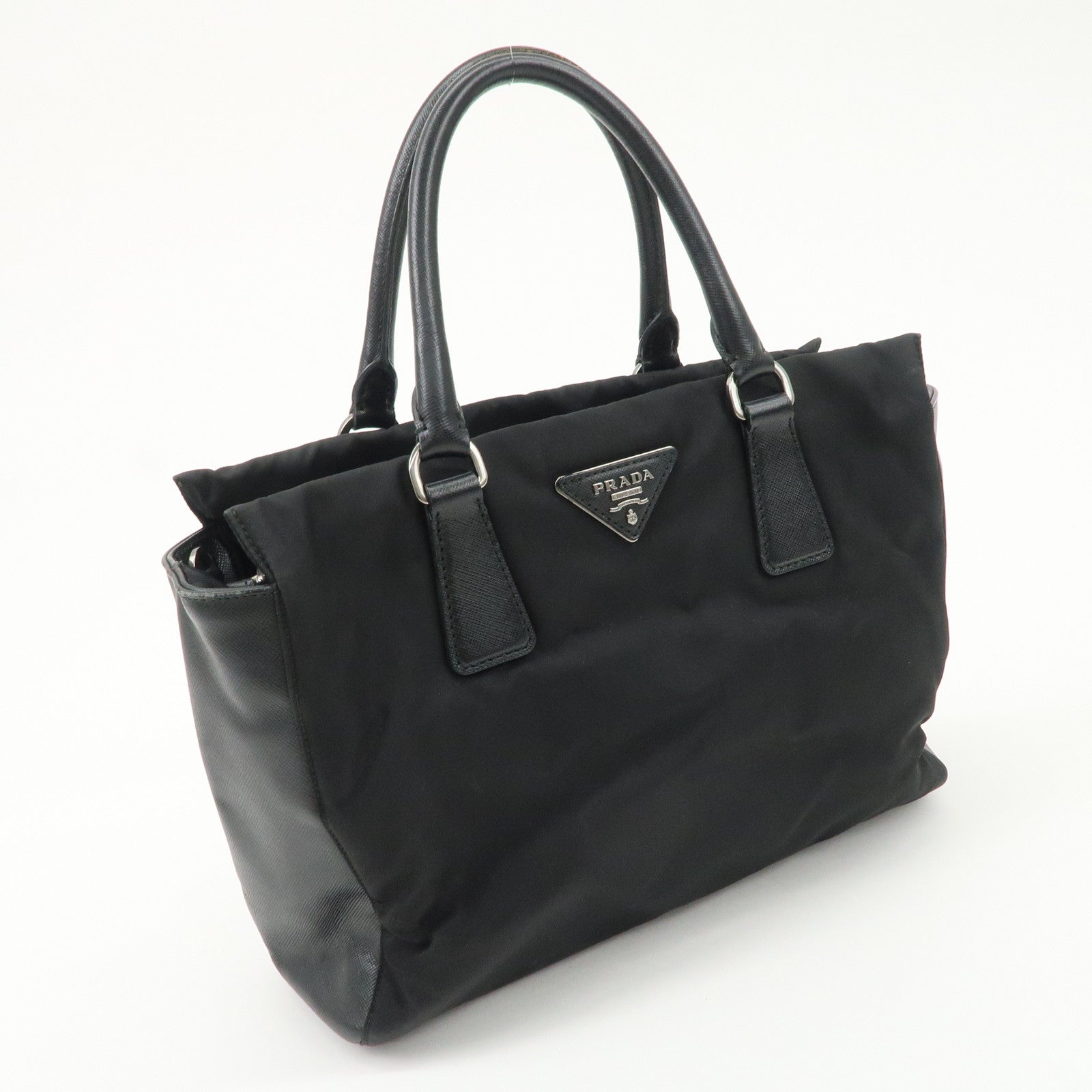 PRADA Triangle Logo Leather Nylon 2Way Bag Hand Bag Black Gold HDW